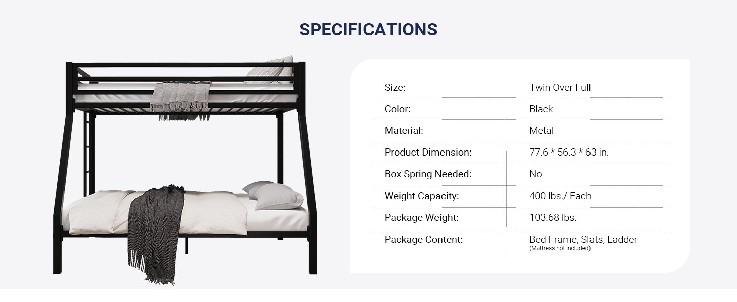 Metal Bunk Bed Twin Over Full Size for Junior & Adults with Ladder