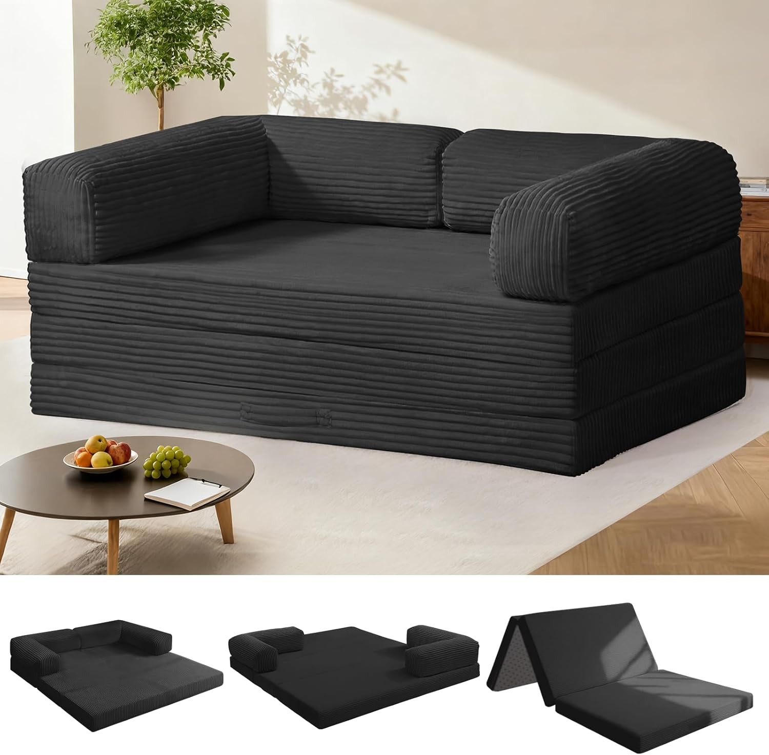 Tri-Fold Foldable Mattress Convertible Folding Sofa Bed W/ Removable Arms &