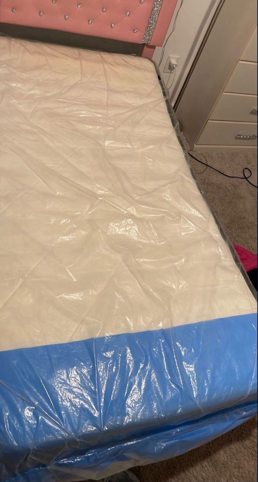 Single Firm Foam Mattress, White/Blue, Waterproof Plastic Cover