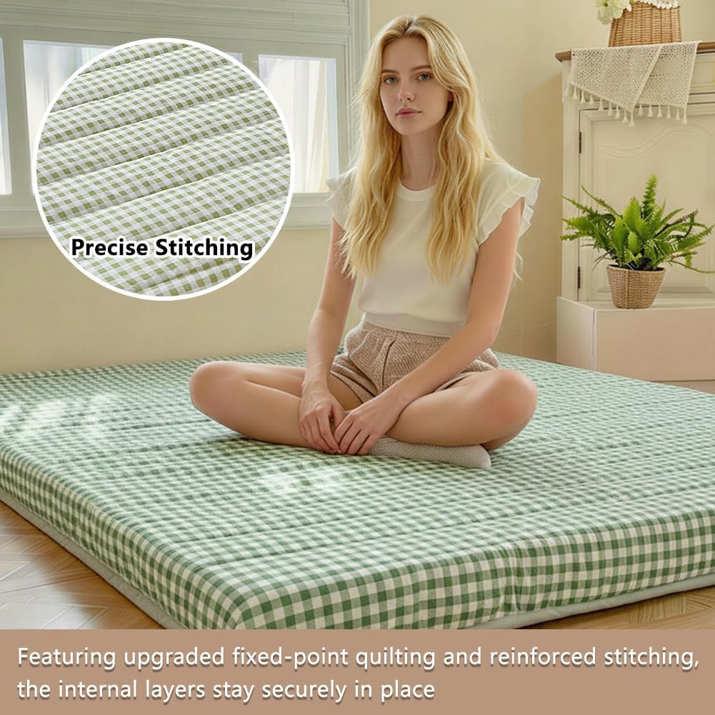 Green Gingham 3.5″ Thick Futon Mattress, Foldable Tatami Pad, Queen Size