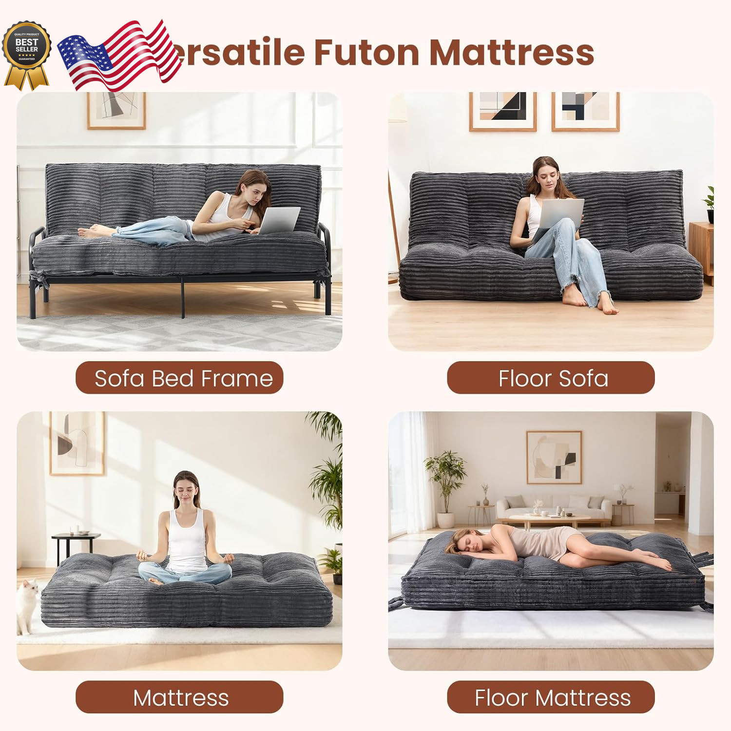 10″ Futon Mattress Queen Size Futons Sofa Couch Bed with Straps Thick Corduroy