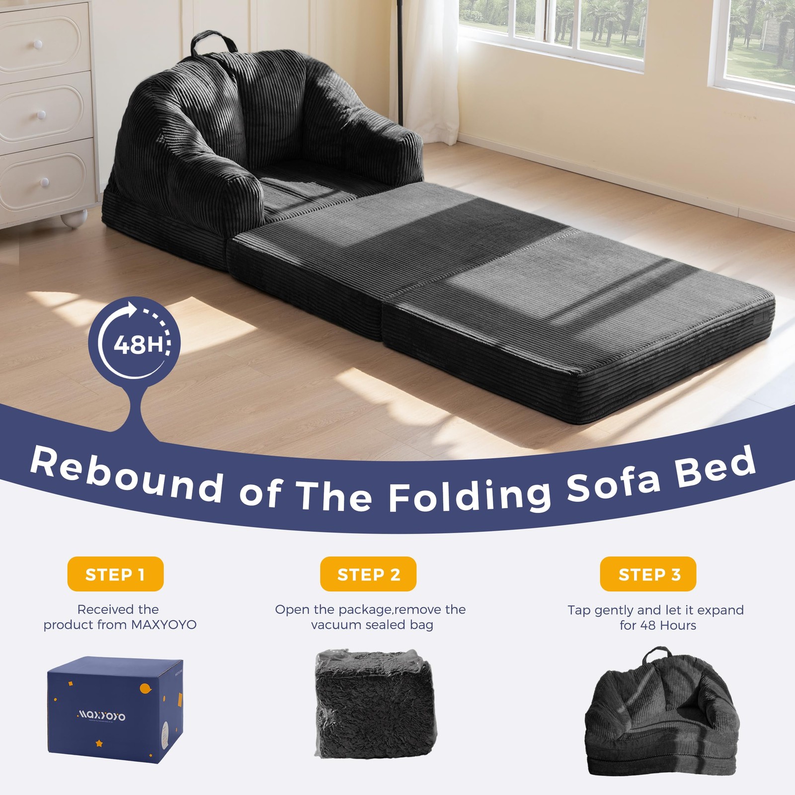 MAXYOYO Folding Sofa Bed with Backrest, Boneless Fold Out Couch Large, Black