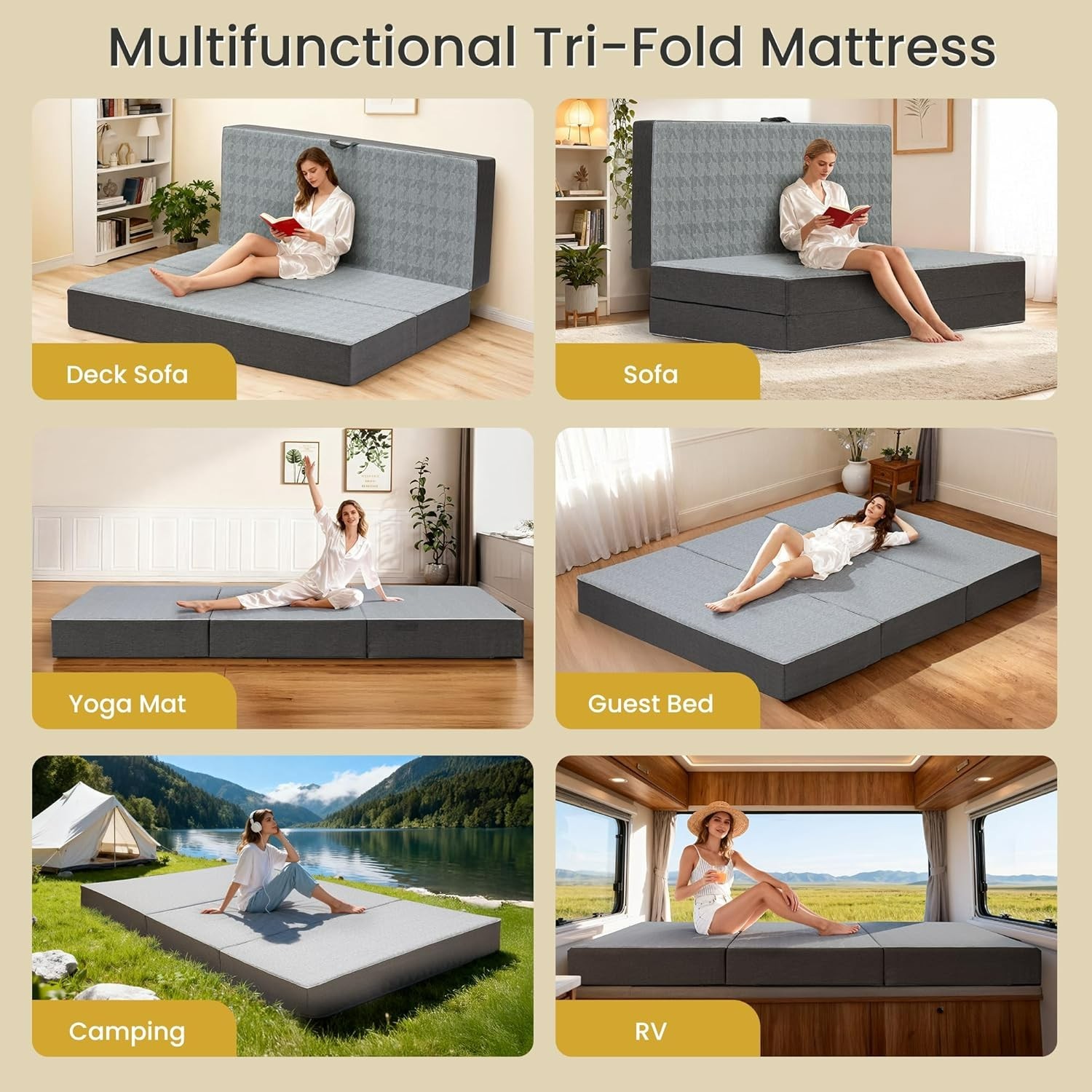 Tri Folding Mattress Queen Size – 6 Inch Dual-Layer Memory Foam Foldable Mattres