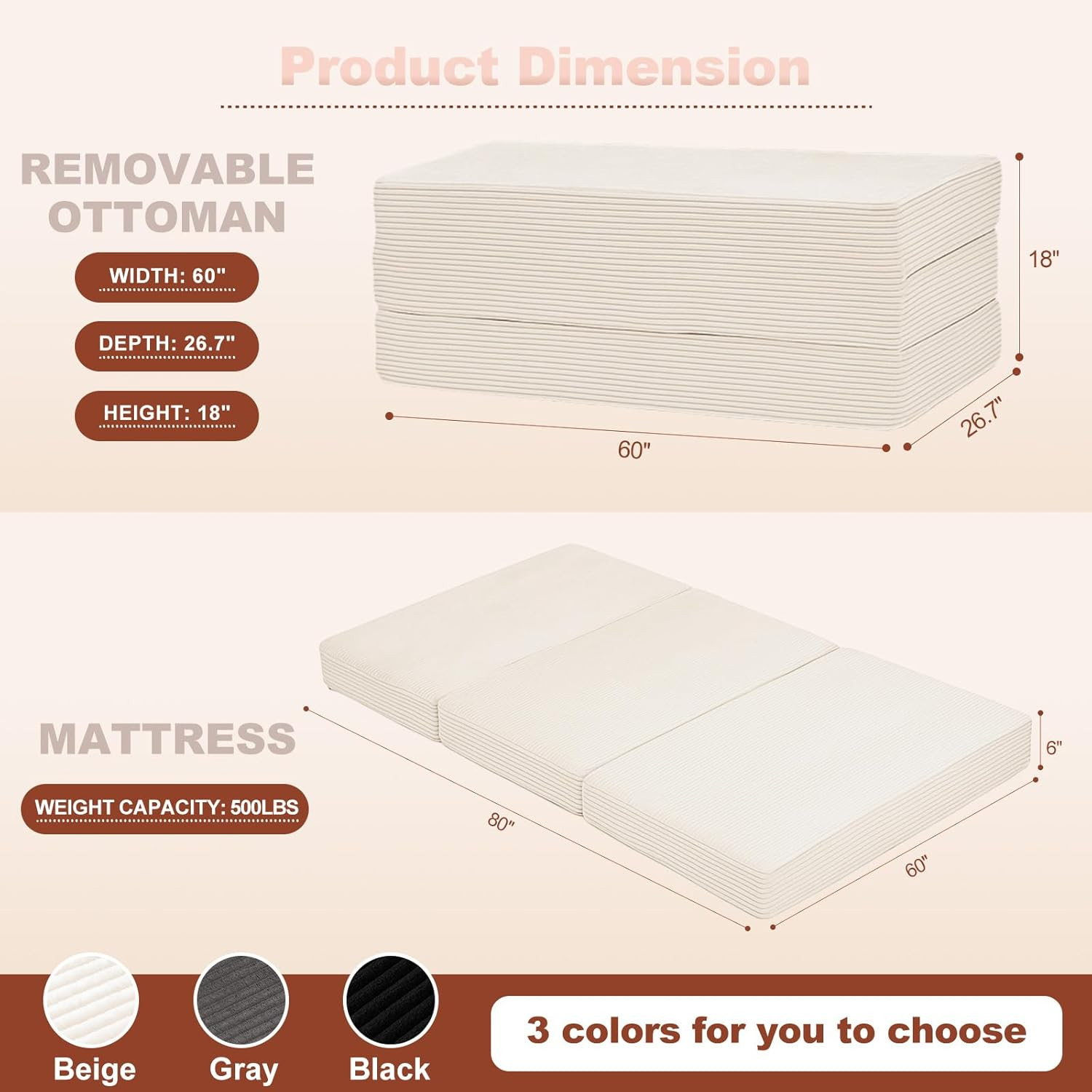 6-Inch Tri-Fold Foldable Mattress, Folding Sofa Bed with Removable Washable Cove