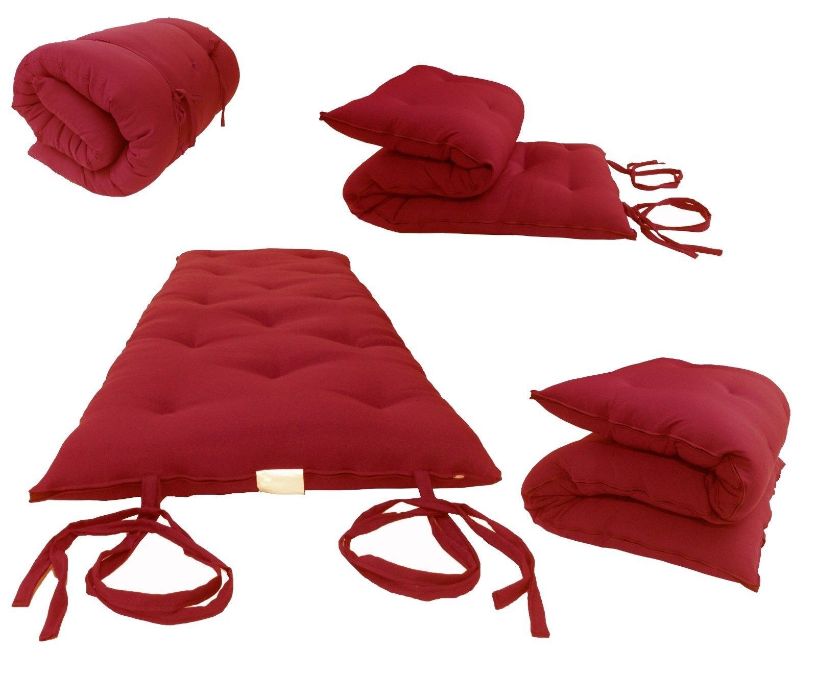 Traditional Japanese Floor Rolling Futon Mattresses, 27Wx80L Cotton Mats, Red