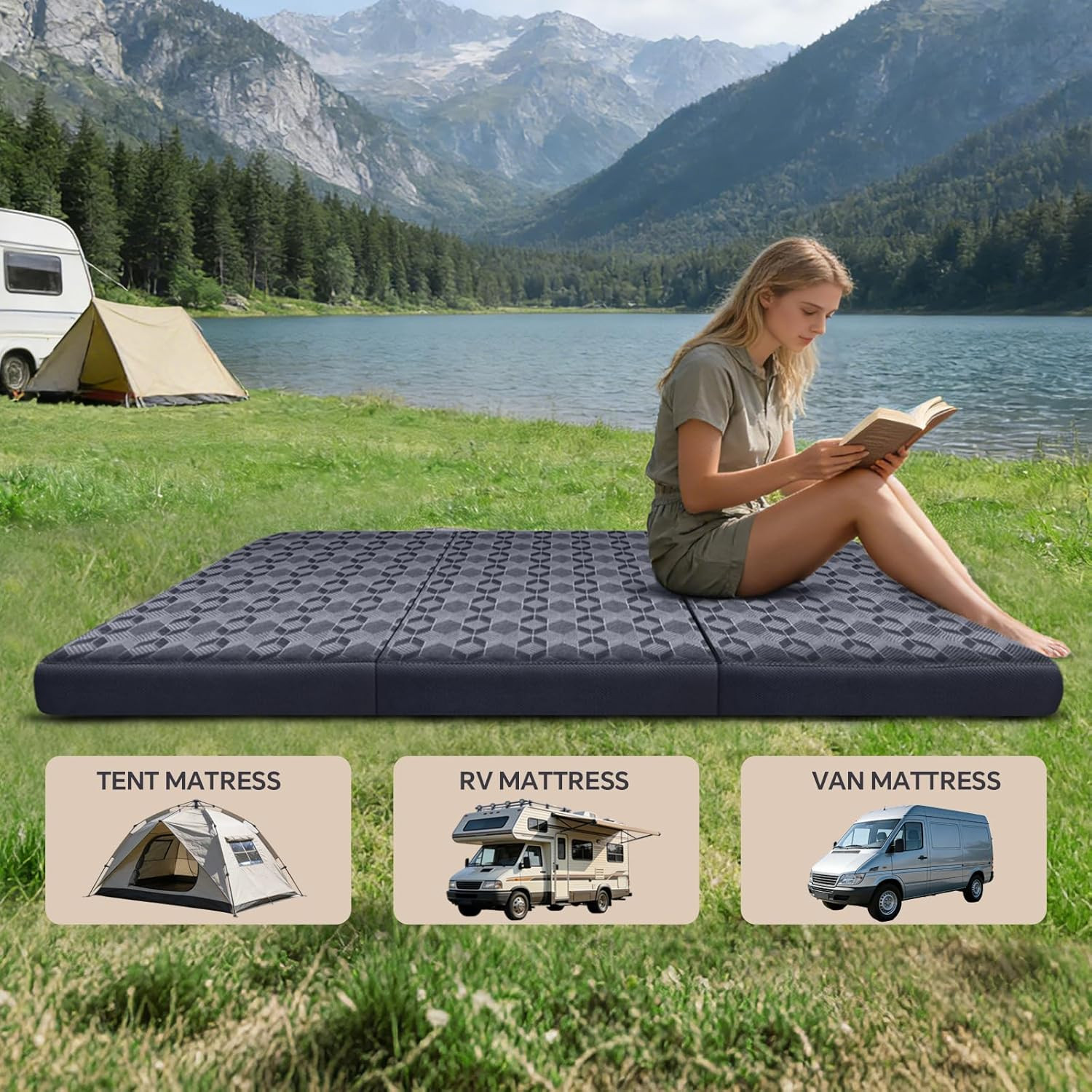 Portable Tri-Fold Twin Mattress, 4″ Memory Foam, Washable Cover, Dark Grey