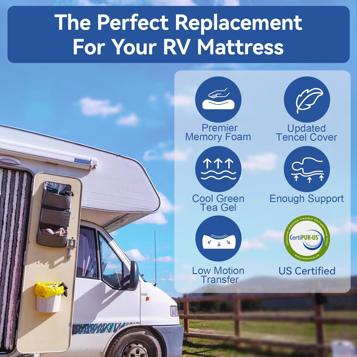 10″ Short King Memory Foam RV Mattress with Cooling Gel & Tencel Cover 75″x72