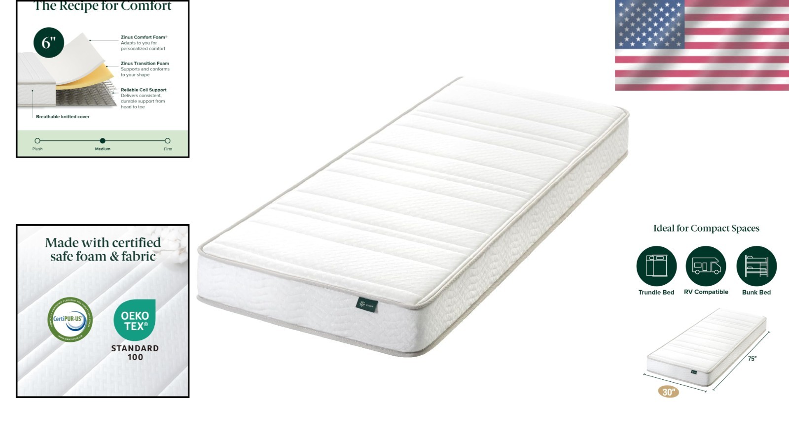 6 Inch Narrow Foam & Spring Hybrid Mattress 75″ x 30″ – Medium Firm Comfort