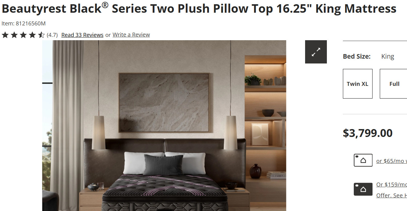 Beautyrest Black® Series Two Plush Pillow Top 16.25″ King Mattress MSRP $3,799