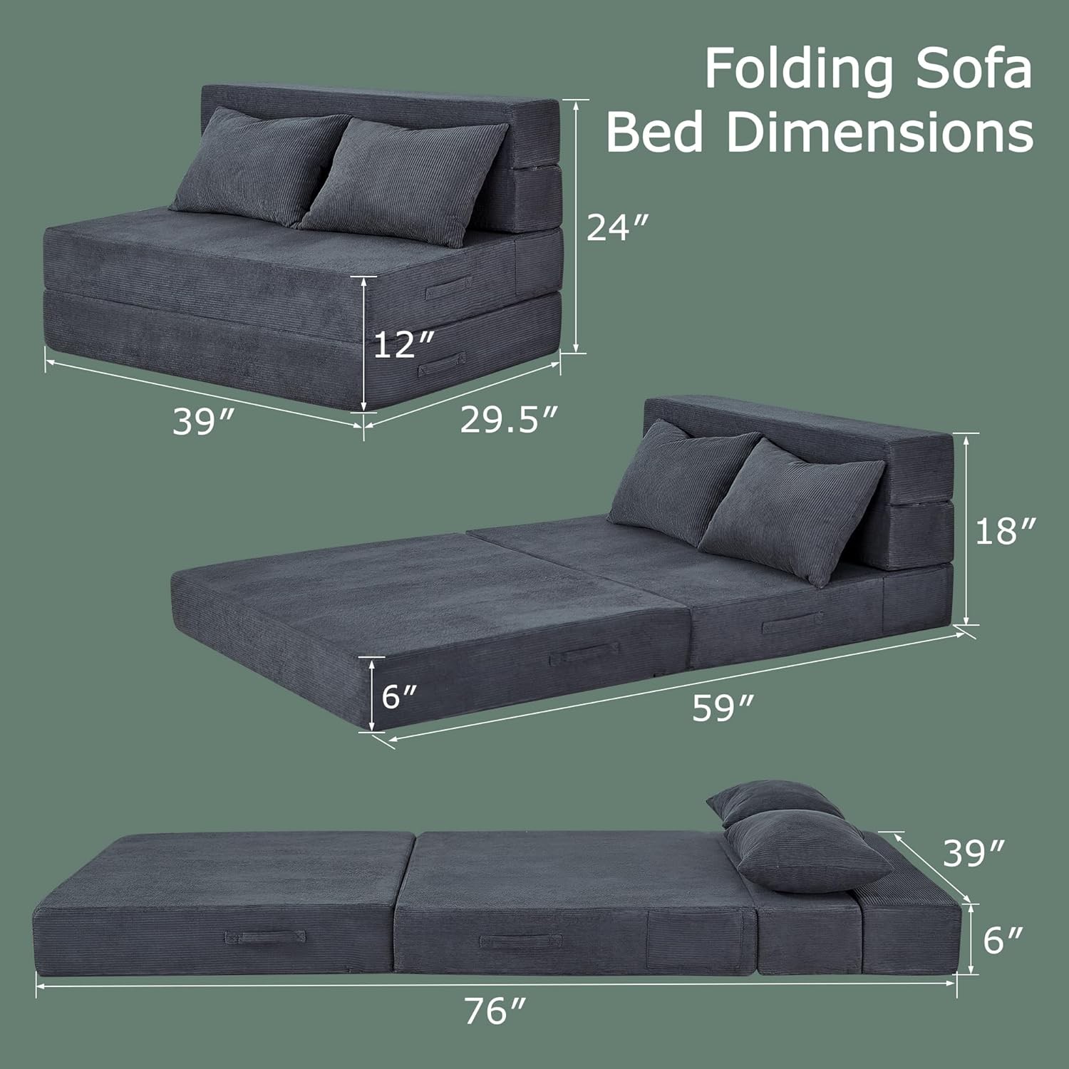 Folding Sofa Bed, 4 in 1 Convertible Sleeper Chair with Pillow, Twin