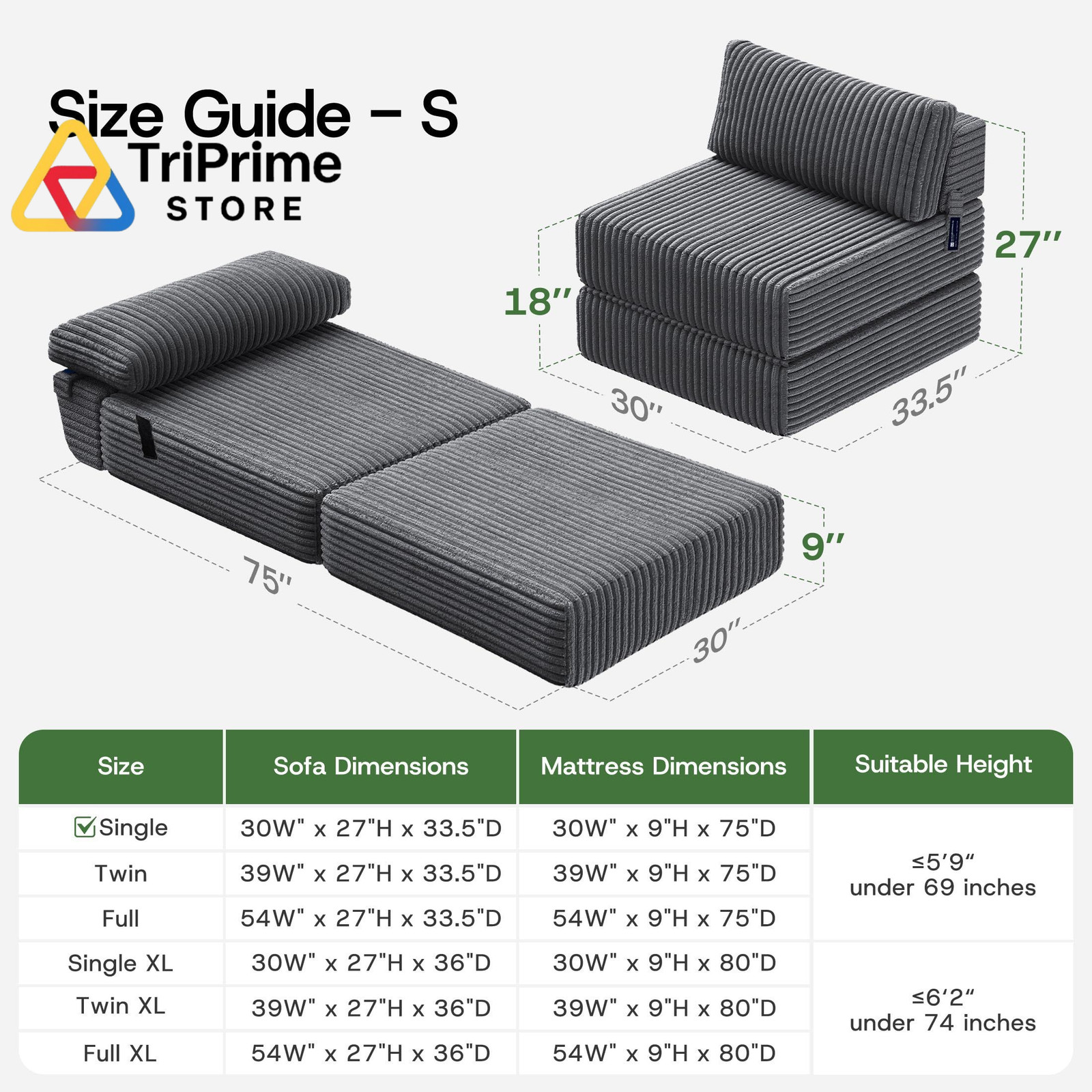 MEGAYES 4-in-1 Folding Sofa Bed Convertible Boneless Sleeper 1-Single, Grey