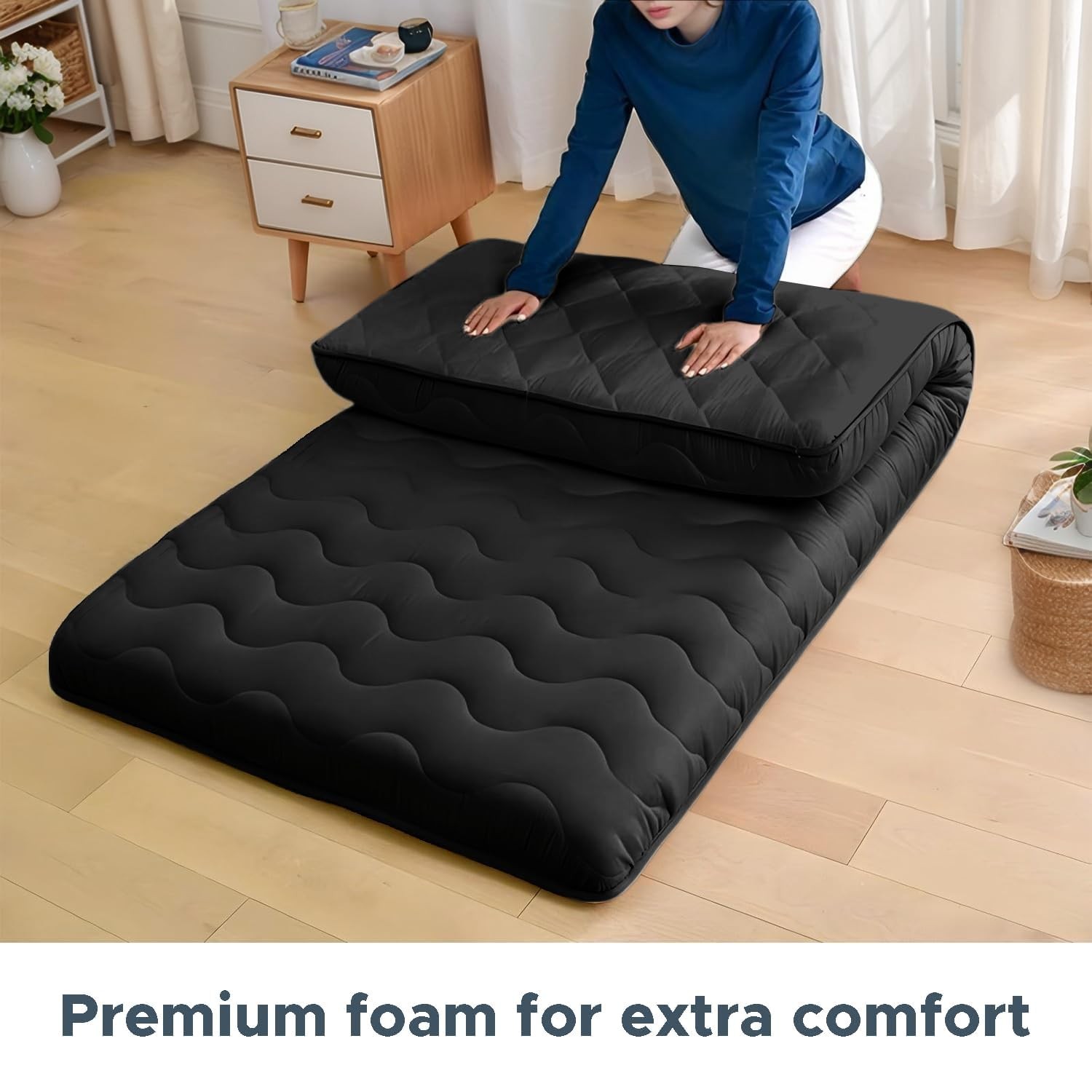 Japanese Floor Mattress Full Black 4 Inch Thick Foam Tatami Sleeping Pad Lounger