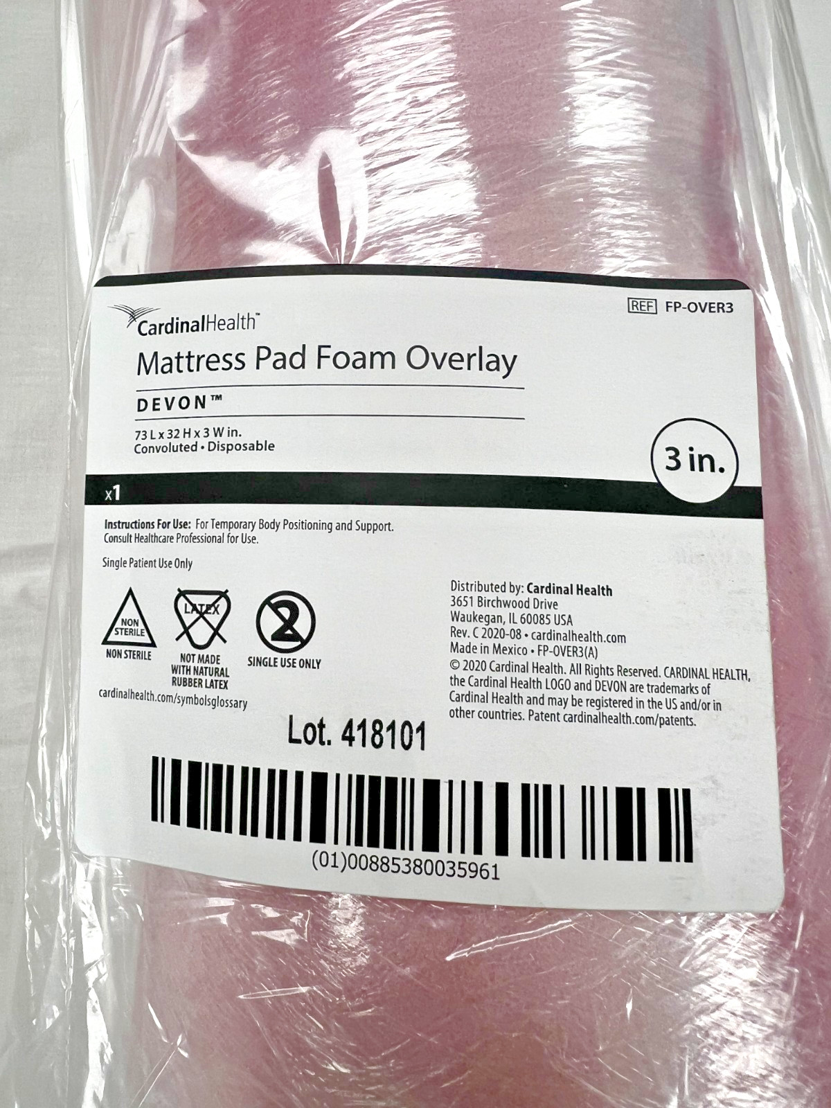 Cardinal Health DEVON FP-OVER3 mattress foam overlay, 73x32x3 in, convoluted NEW