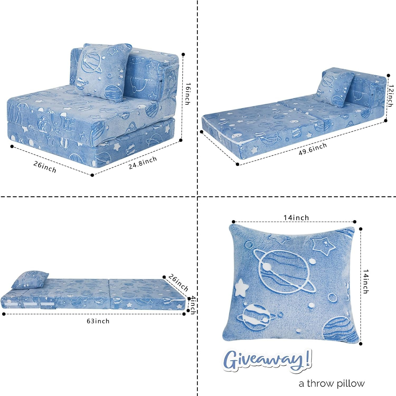 Glow Space-Themed Tri-Fold Sofa Bed for Kids, Foldable Futon Chair and Floor Cou