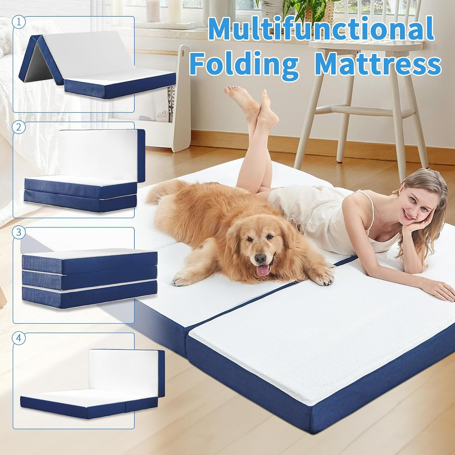 Folding Mattress Queen Size,4 Inch Memory Foam Tri Portable Trifold Mattress Top