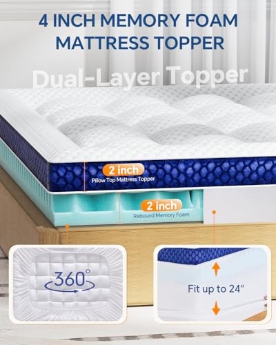 Mattress Topper Dual Layer 4 Inch Memory Foam Mattress Topper, King White-blue