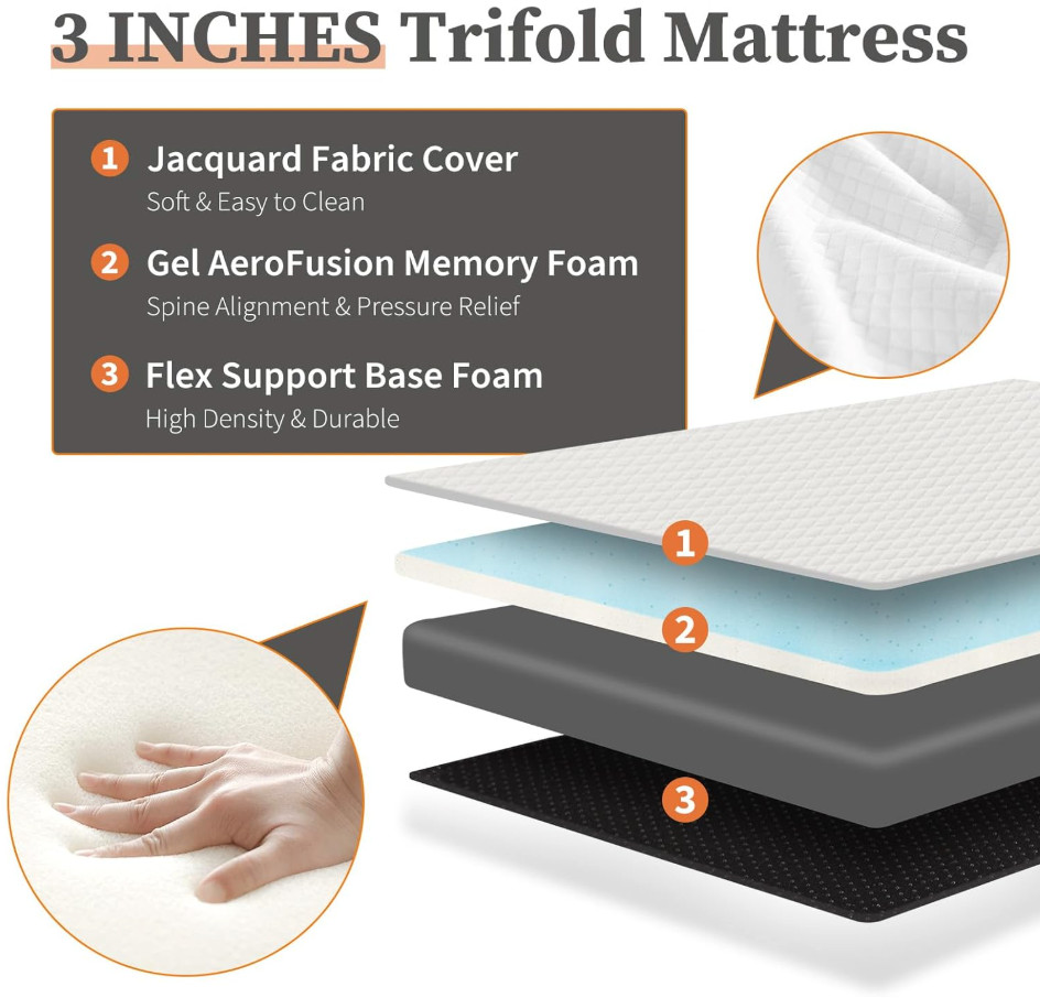 3″ Thickness Tri-fold Memory Foam Mattress, Portable Floor Bed, Foldable Mat