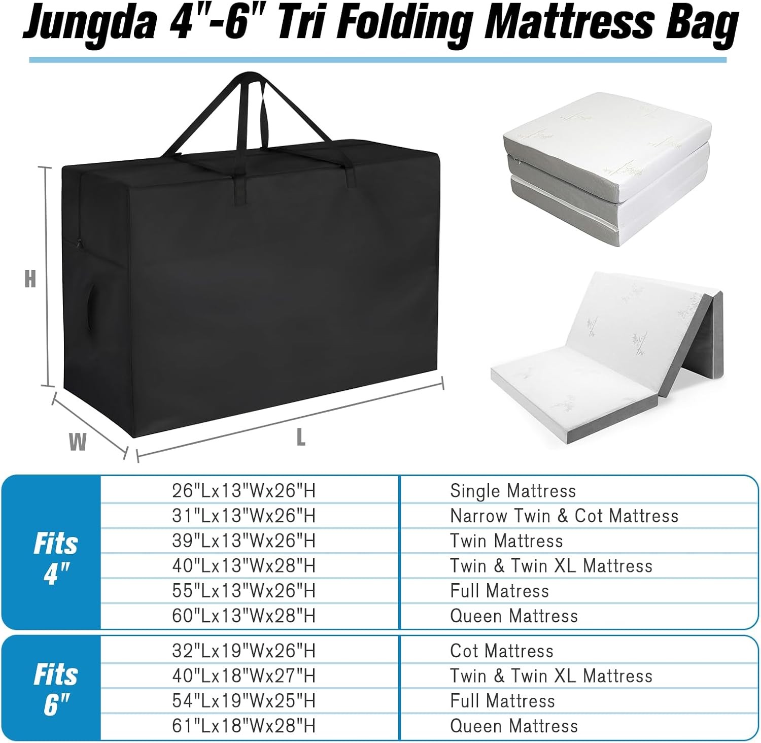 6 Inch Full Tri Folding Mattress Storage Bag, Trifold Memory Foam Mattress Case