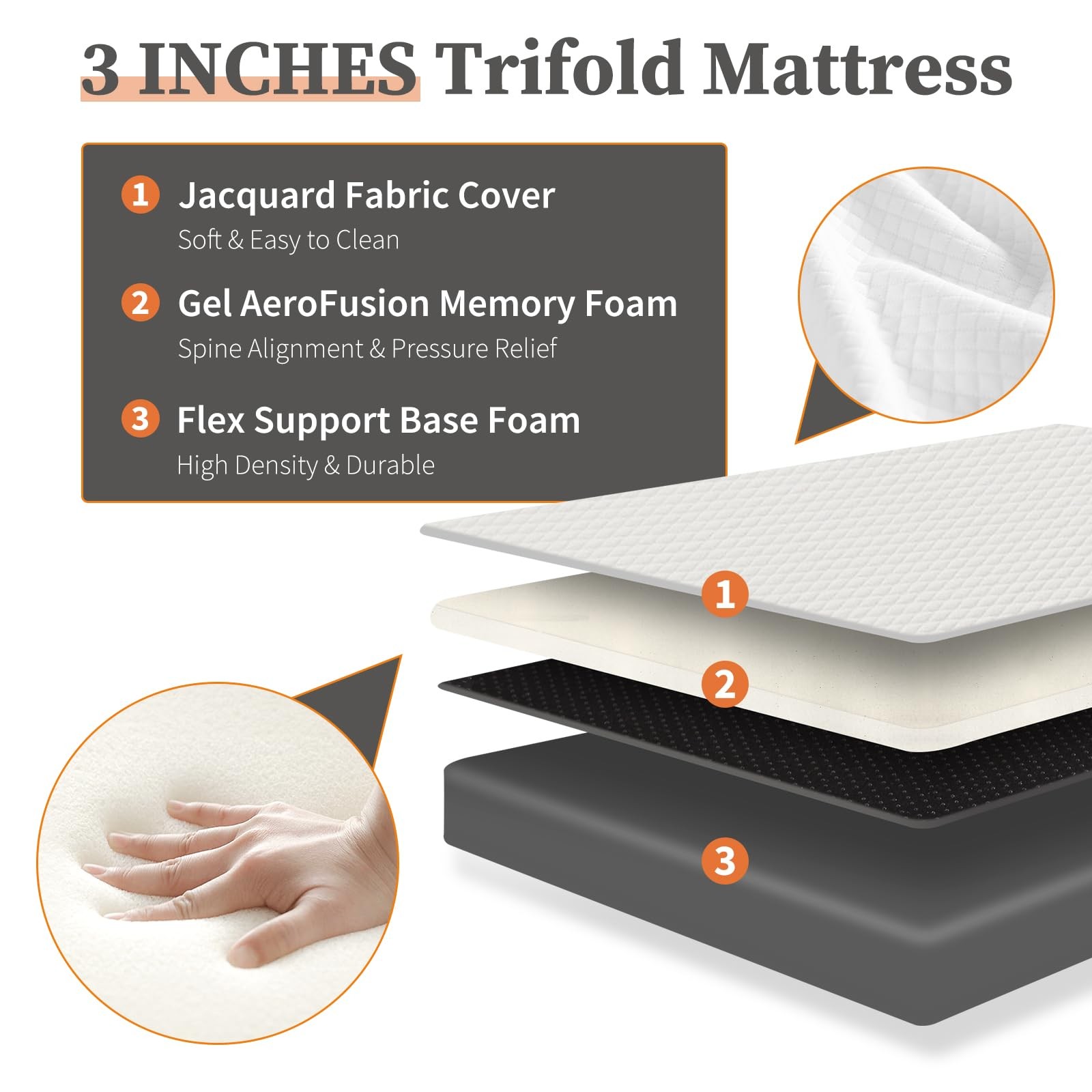 Twin Folding Mattress 3-Inch Tri-Fold Mattress with Washable Cover Floor Bed