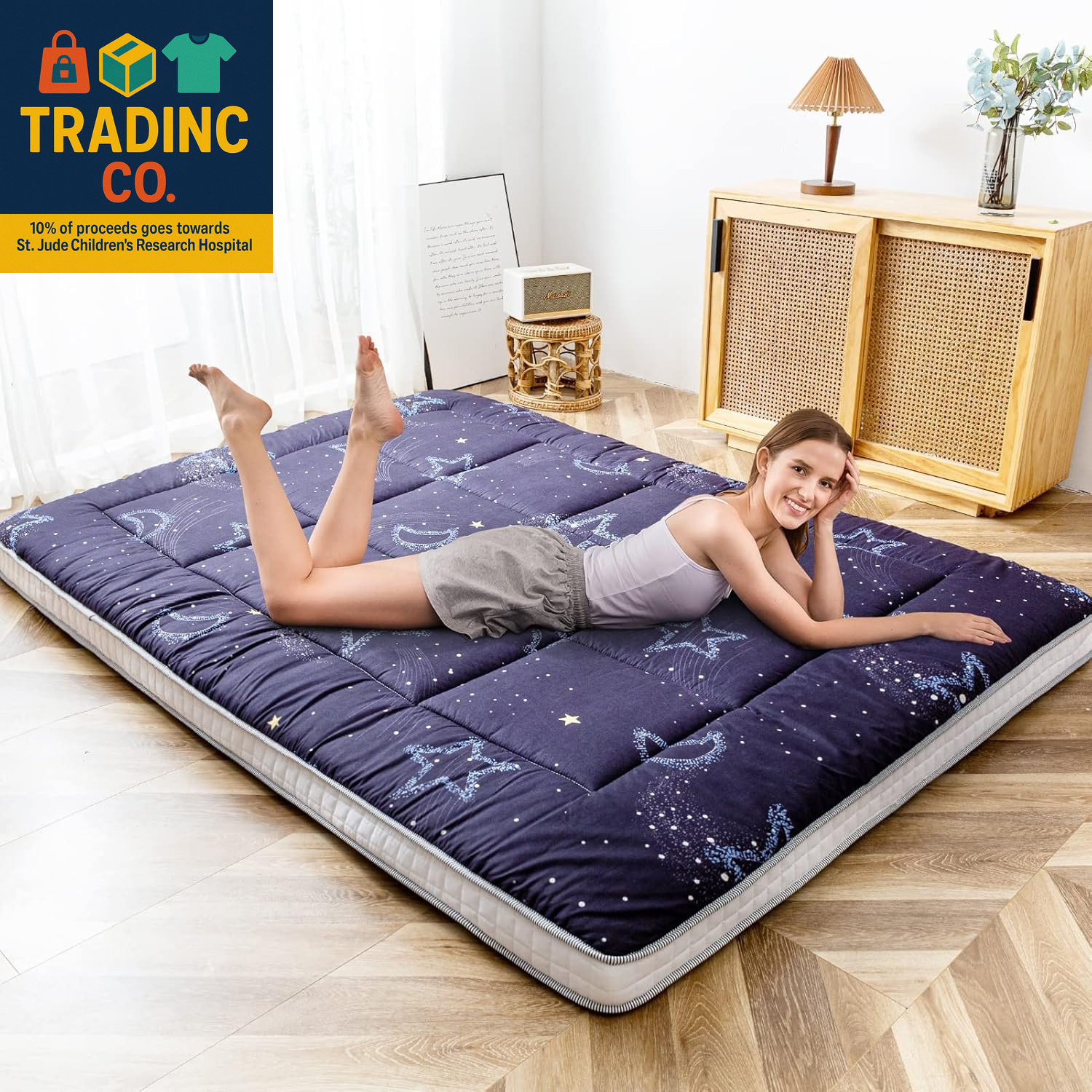 Black Moon and Star Quilted Futon Mattress, Extra Thick Twin Floor Lounger