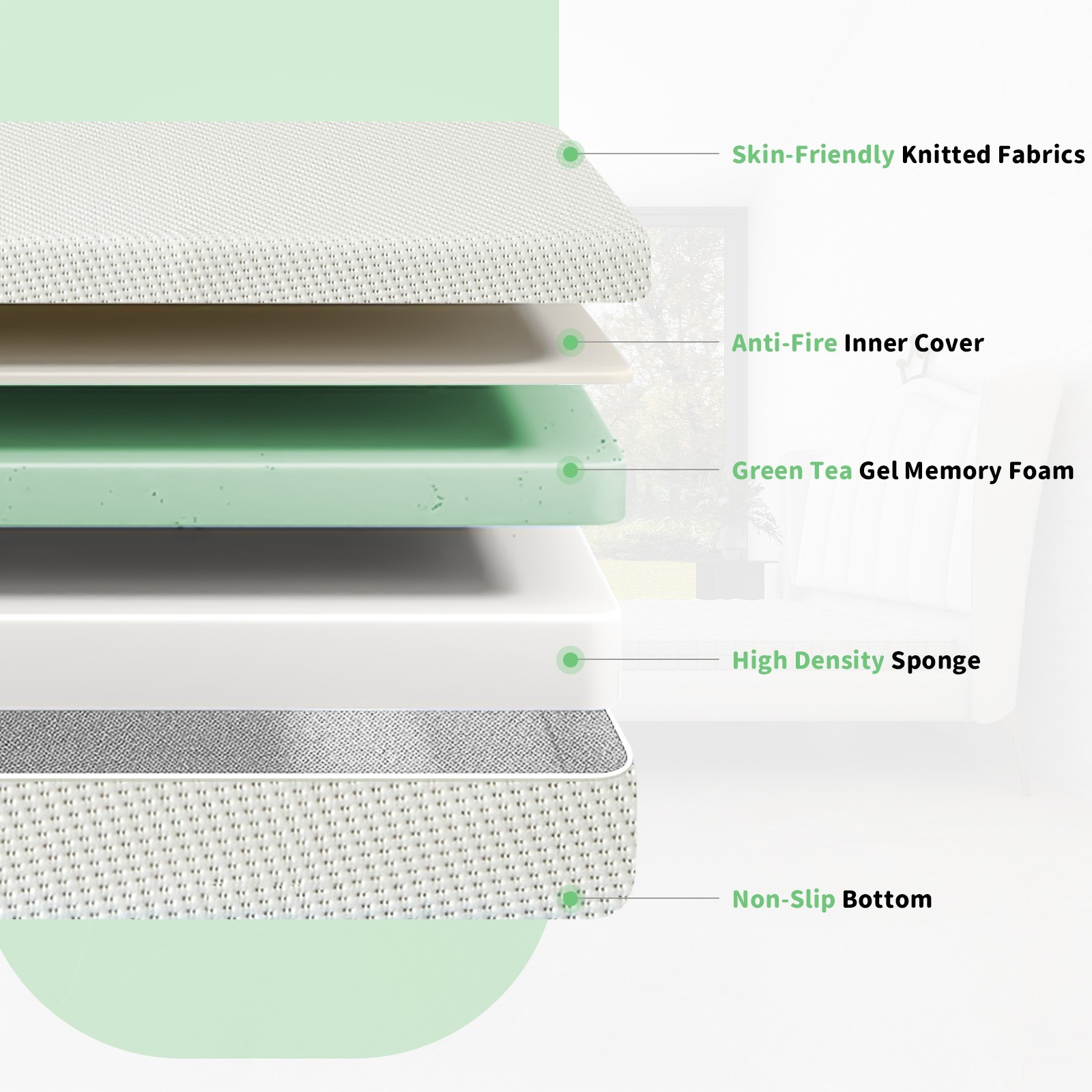 5″ 6″ Memory Foam Mattress with Breathable Cooling Green Tea Gel Pressure Relief