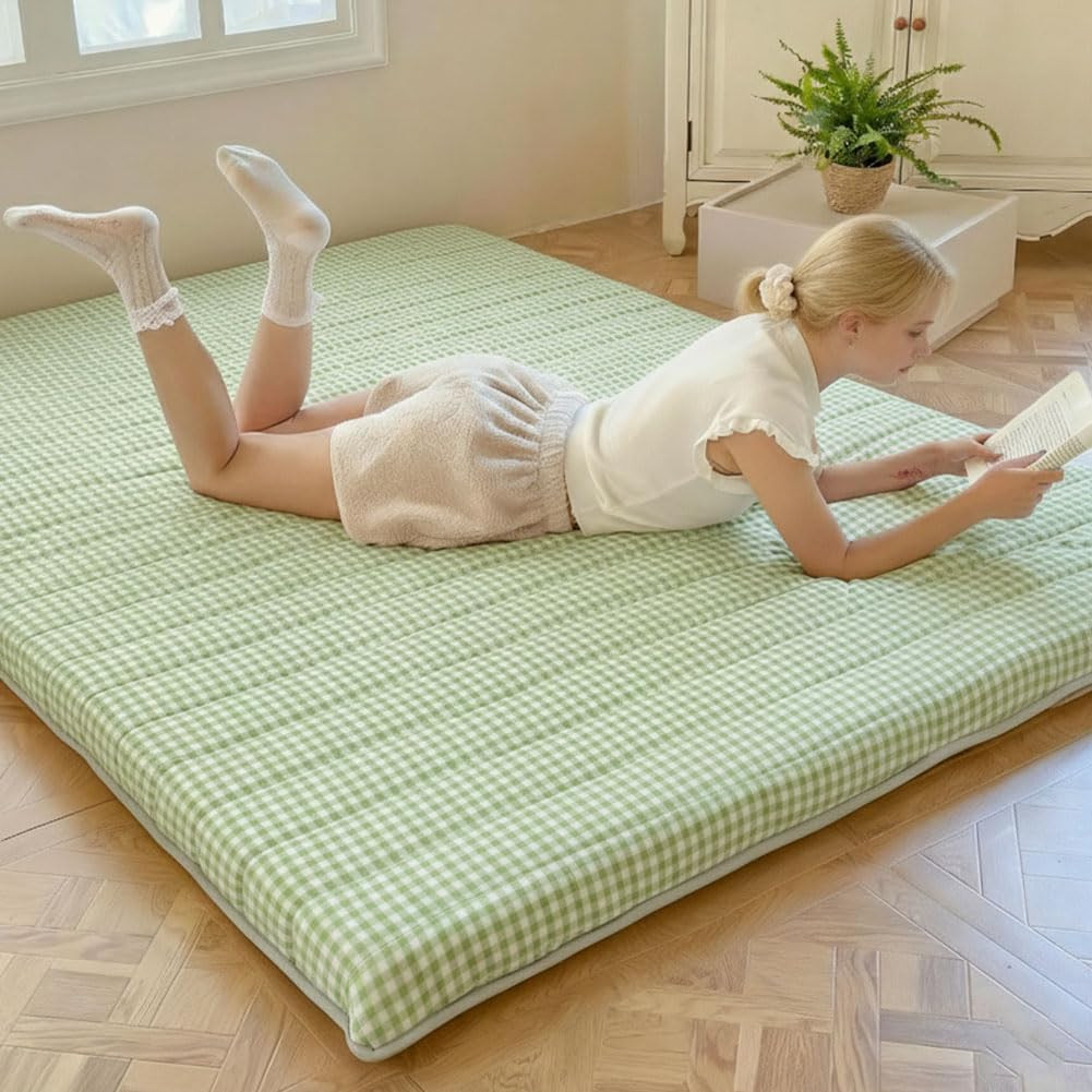 Green Gingham 3.5″ Thick Futon Mattress, Foldable Tatami Pad, Queen Size