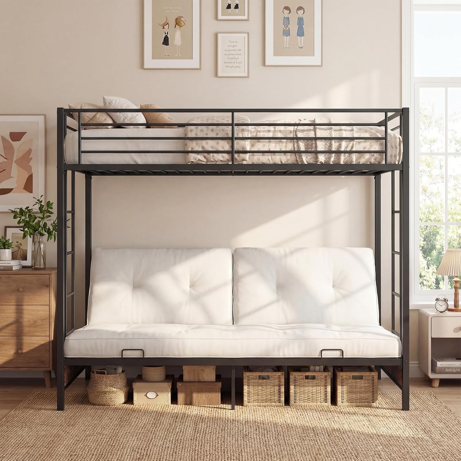 Twin Over Twin Futon Bunk Bed, Convertible Metal Bunk Bed with