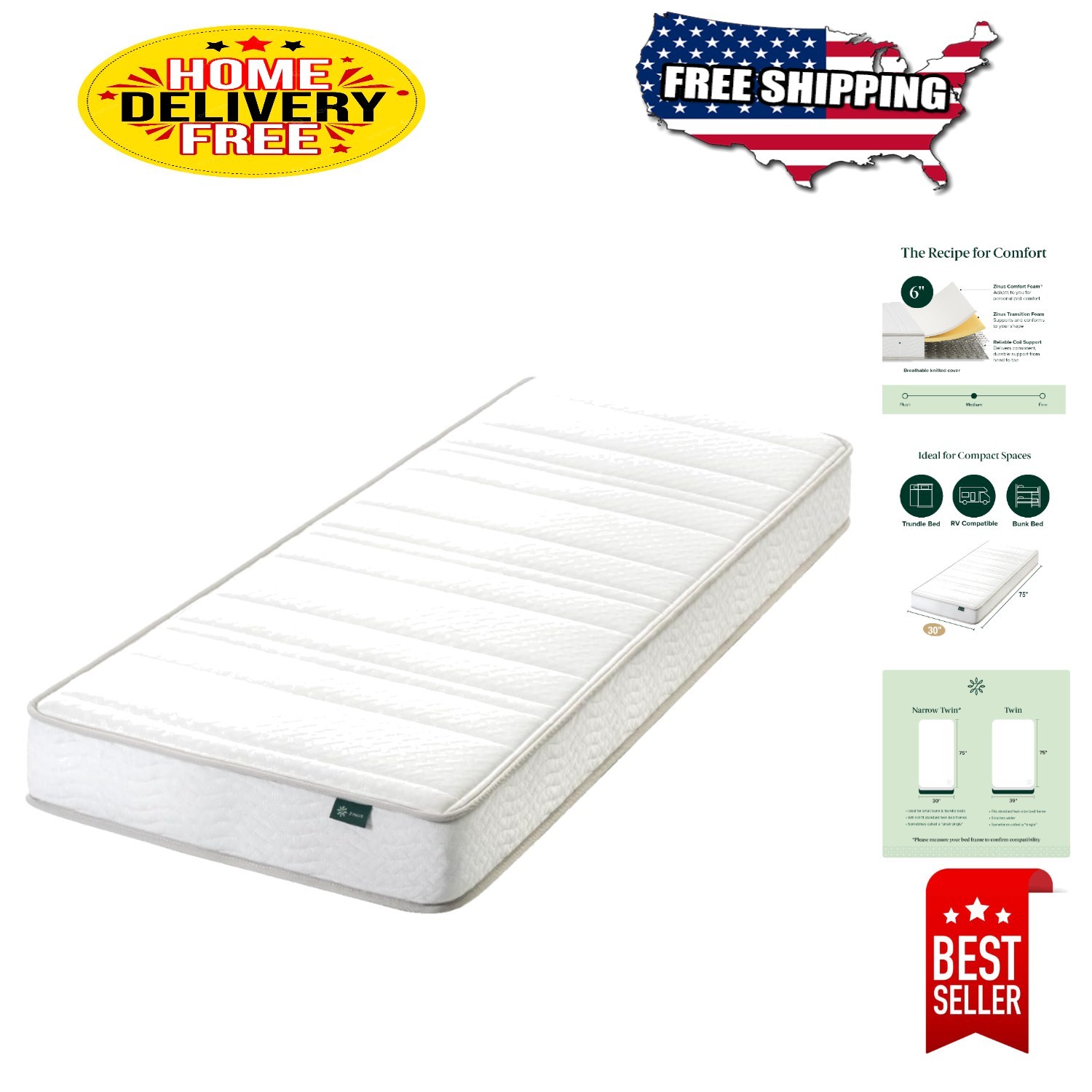 Compact 6 Inch Foam & Spring Hybrid Mattress – Twin Size for RVs & Bunk Beds