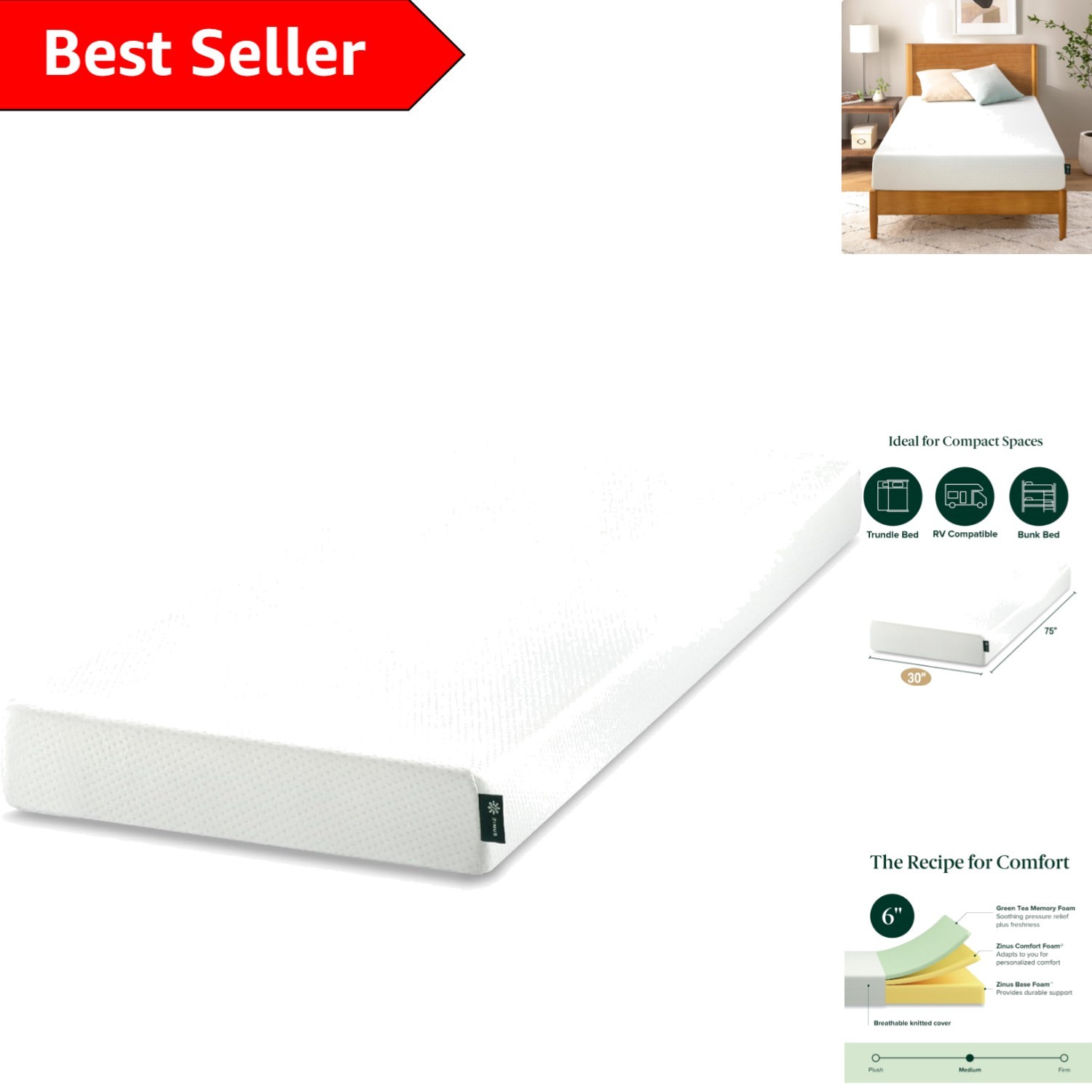 Narrow Twin Green Tea Memory Foam Mattress 75×30, Zoned Pressure Relief Design