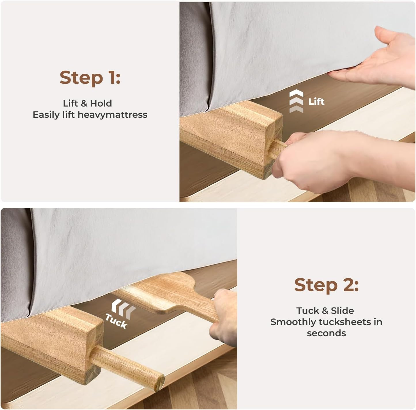 DR.OXXIER Mattress Lifter & Bed Maker Tool Set, Acacia Wood 2-Piece Tool for Lif