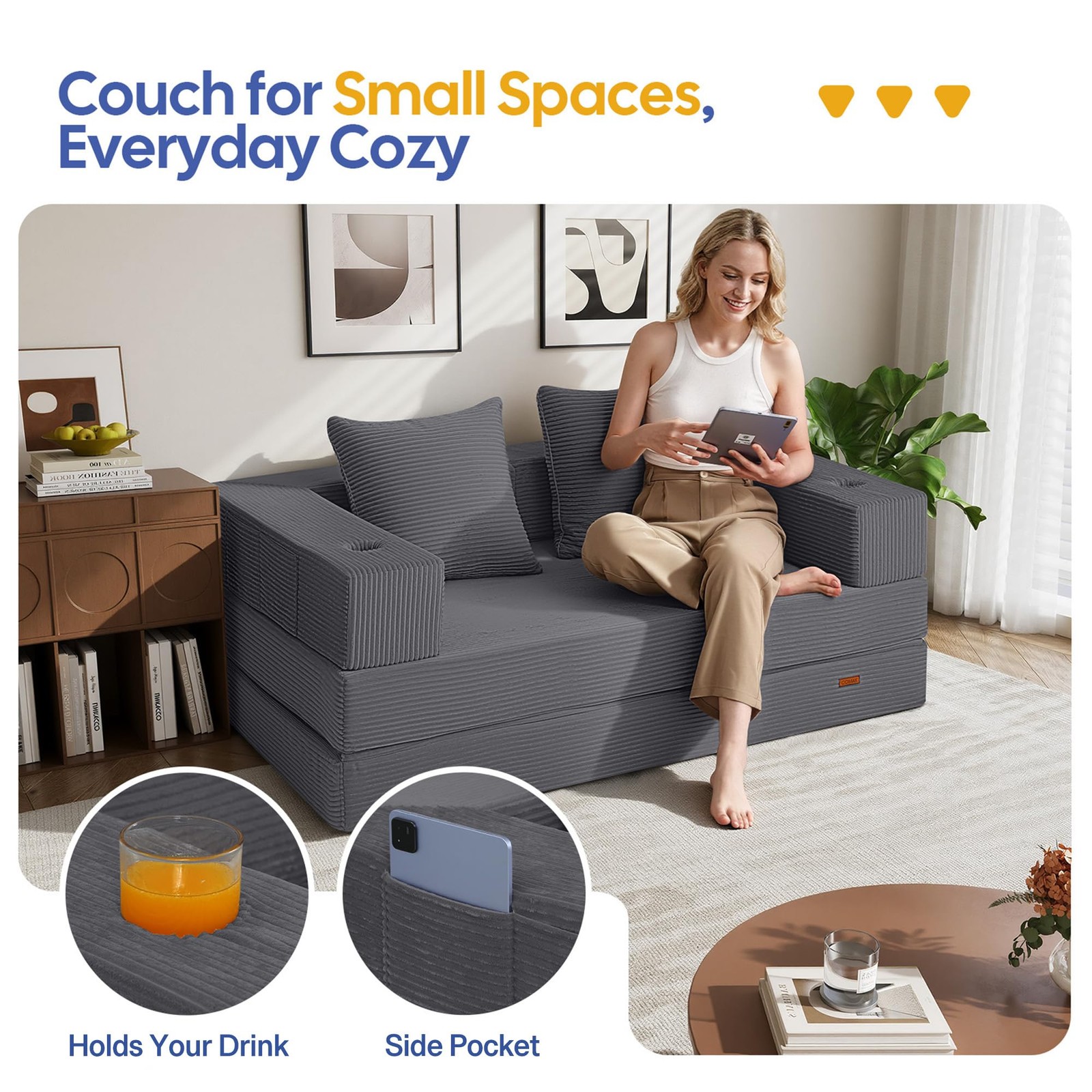 COMAX Futon Sofa Bed, 4‑in‑1 Convertible L-Shaped Loveseat, Grey