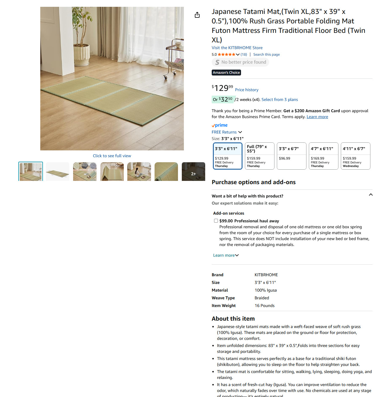 Japanese Tatami Mat,(Twin XL,83″ x 39″ x 0.5″),100% Rush Grass Portable#2564M Y1