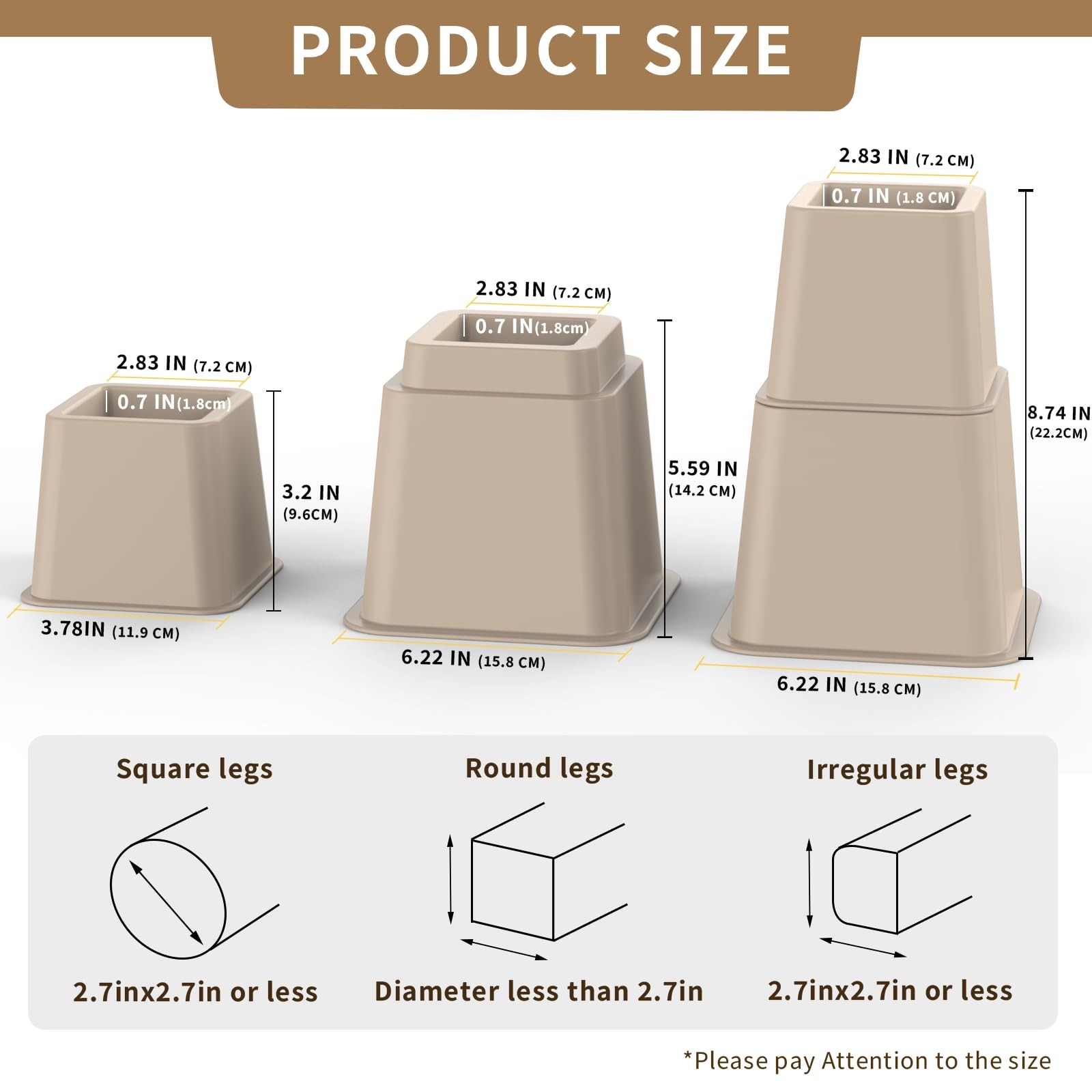 Adjustable Bed Risers 3, 5, 8 Inch Heavy Duty, Stackable Furniture Brown