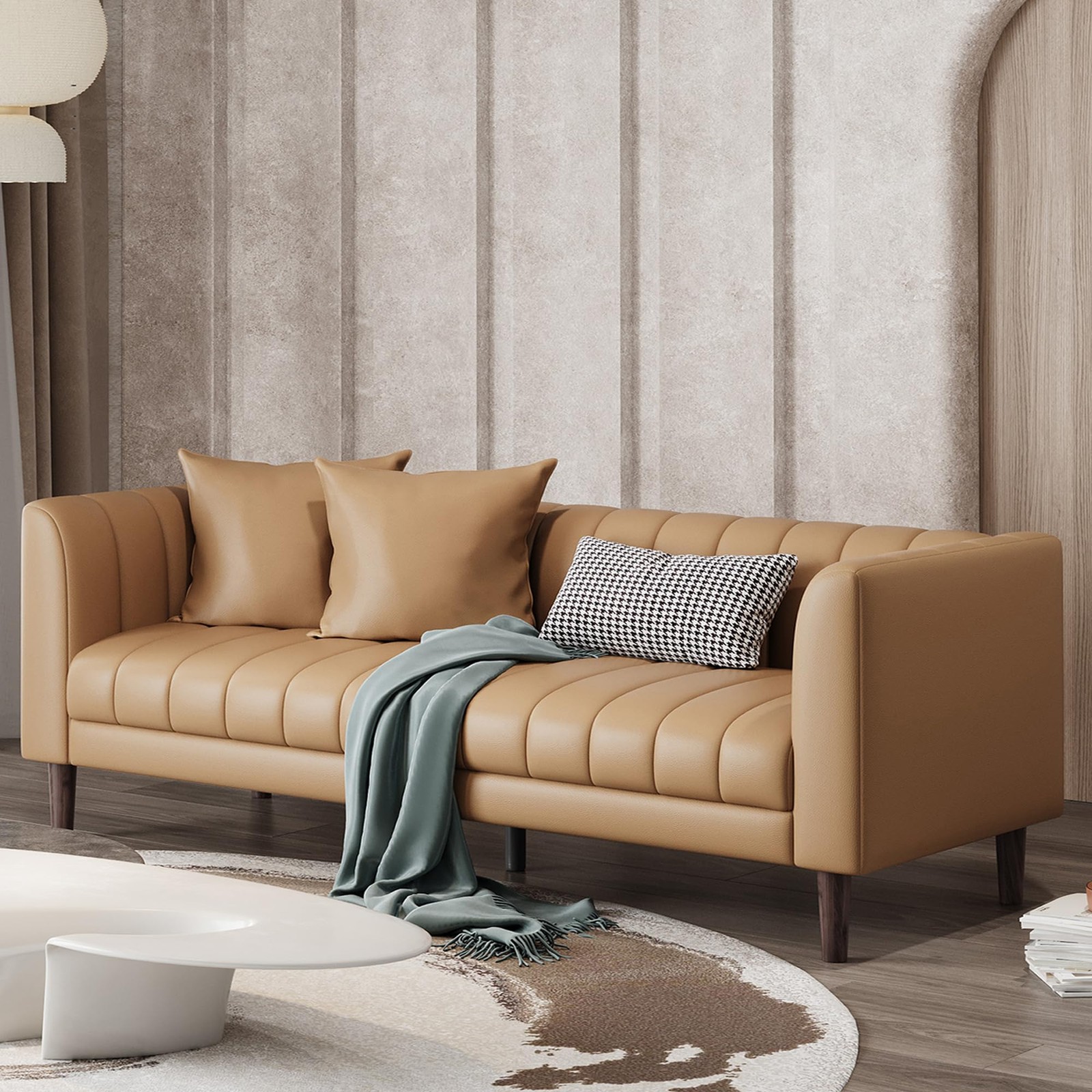 83″ W Faux Leather Sofa Couch for Living Room, Modern 3 Brown -1