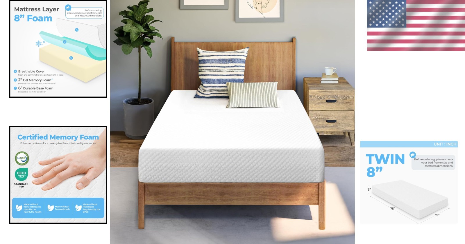 Twin Mattress 8 Inch Gel Memory Foam Medium Firm Cooling CertiPUR Foam