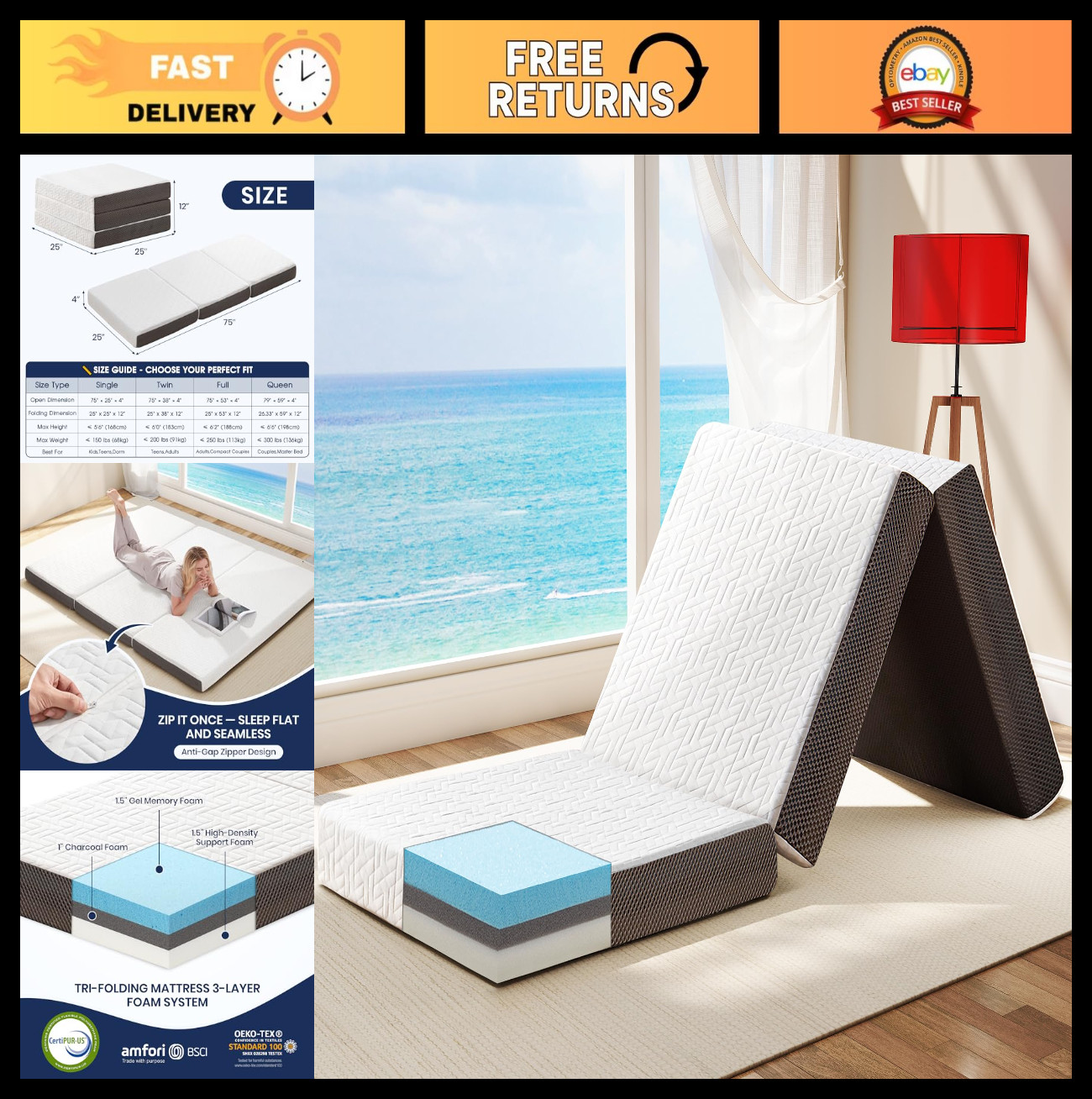 4-Inch Foldable Memory Foam Mattress – Tri-Folding Portable Bed for Travel, Camp