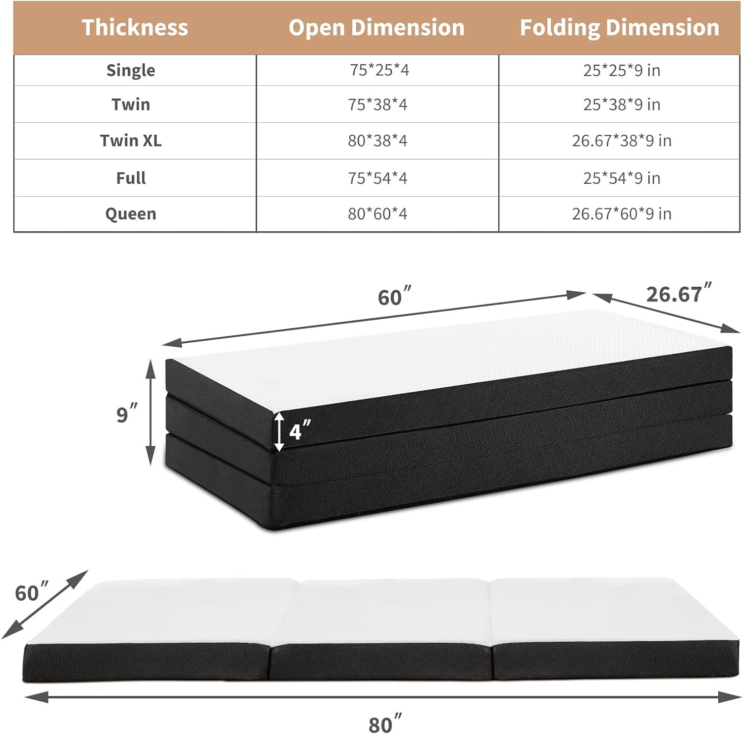 4inch Tri-Fold Memory Foam Mattress Topper with Washable Cover Folding Mattress
