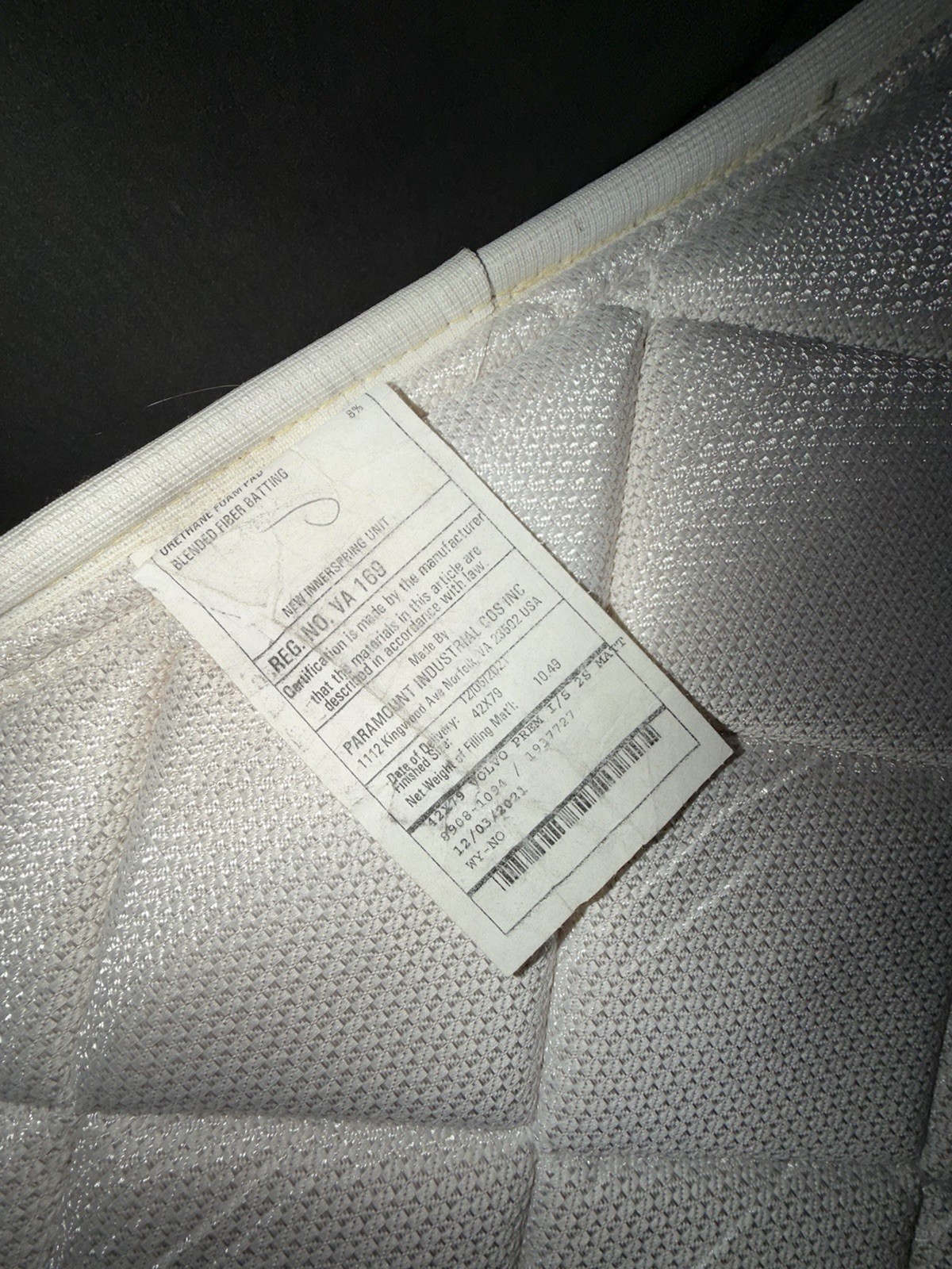 Volvo Firm Innerspring Truck Sleeper Mattress 38×80 White Model 9648-6010