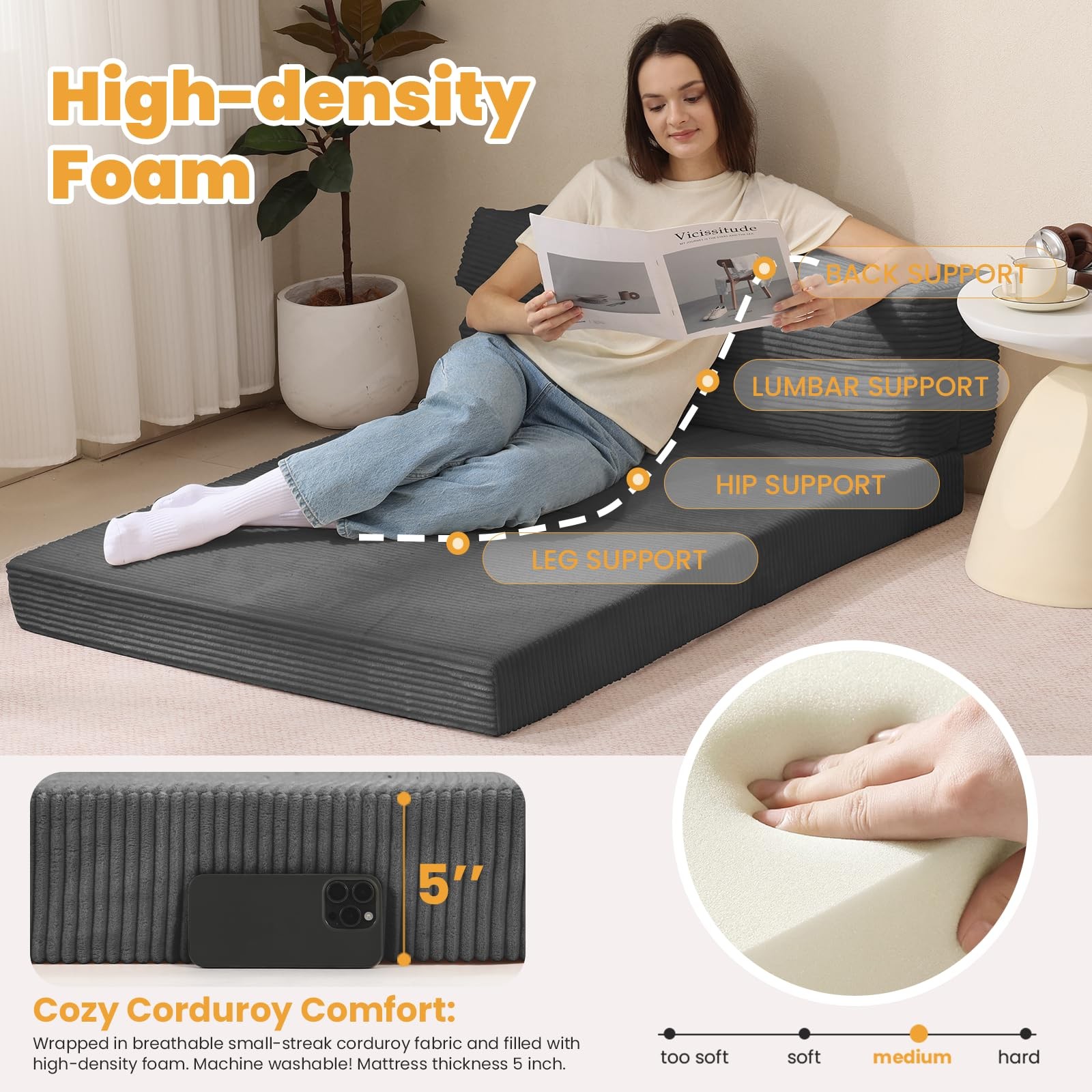 Folding Mattress Twin, 3 in 1 Convertible Sofa Bed Foldable Couch Bed Floor C…