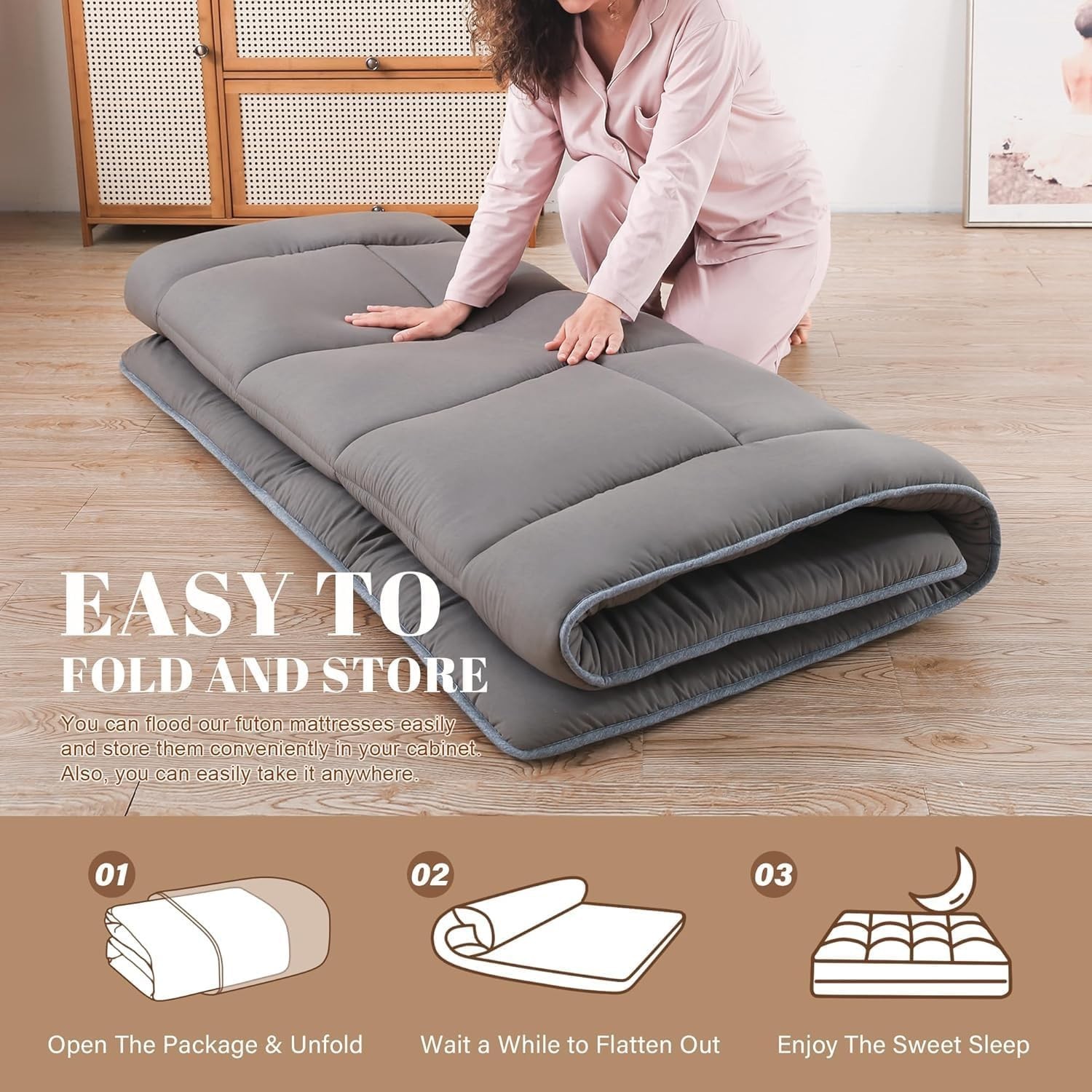 Versatile Queen Size Japanese Futon Mattress – Comfortable Grey Sleeping Pad