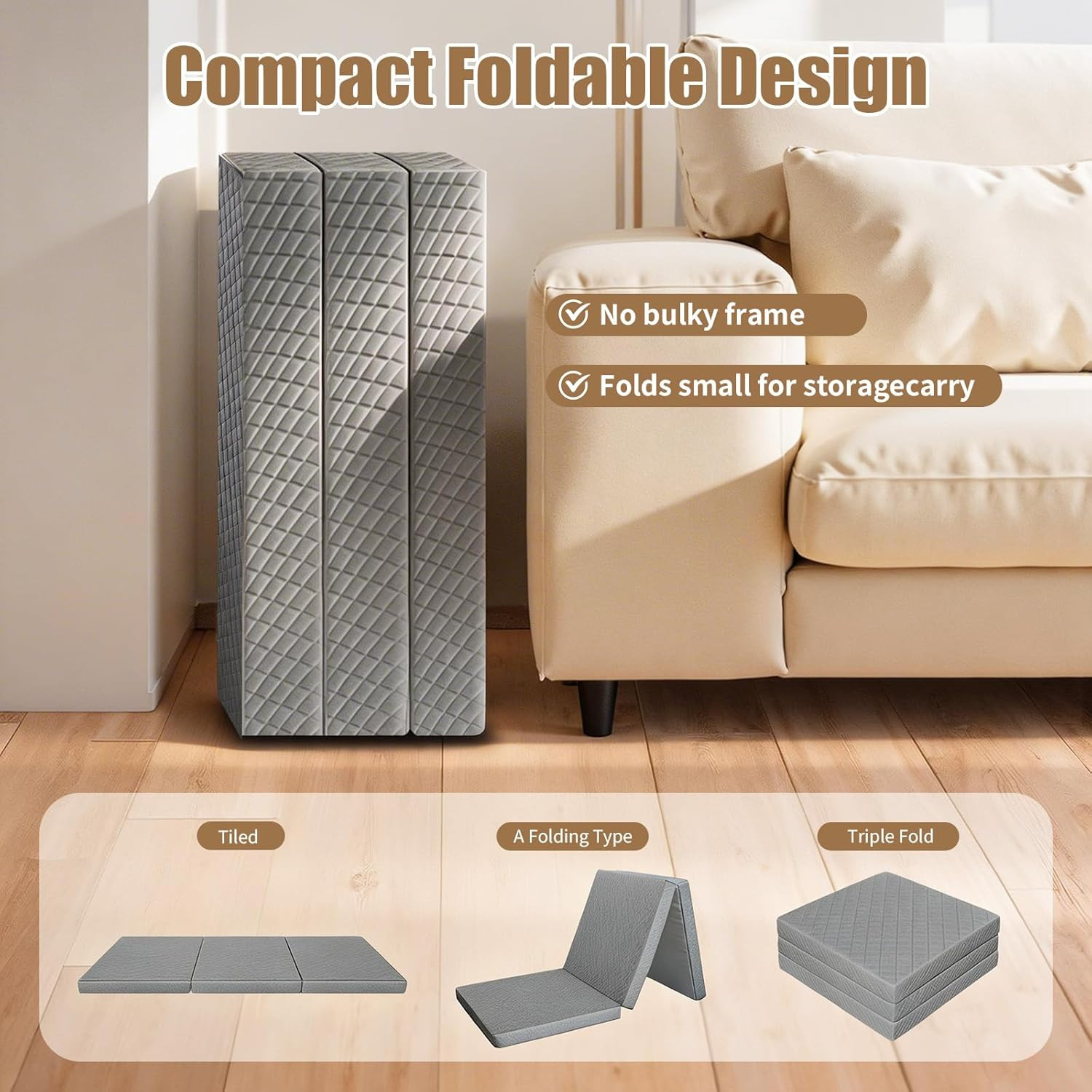 Portable Tri-Folding Mattress Topper, 3″ Queen Bed for Travel & Camping
