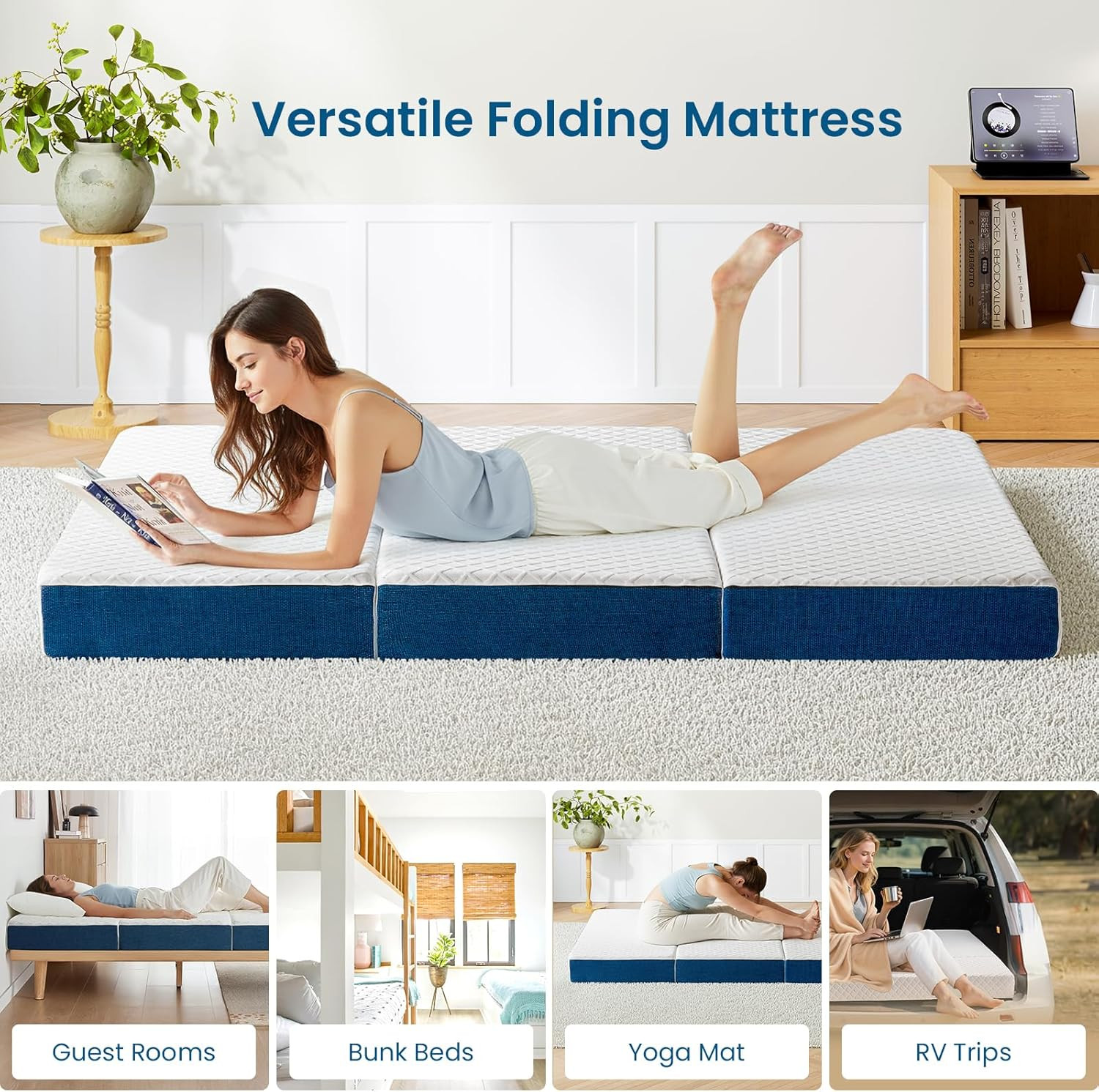 Short Queen Size 6 Inch Folding Mattress, Trifold Gel Memory Foam Bed, Foldable