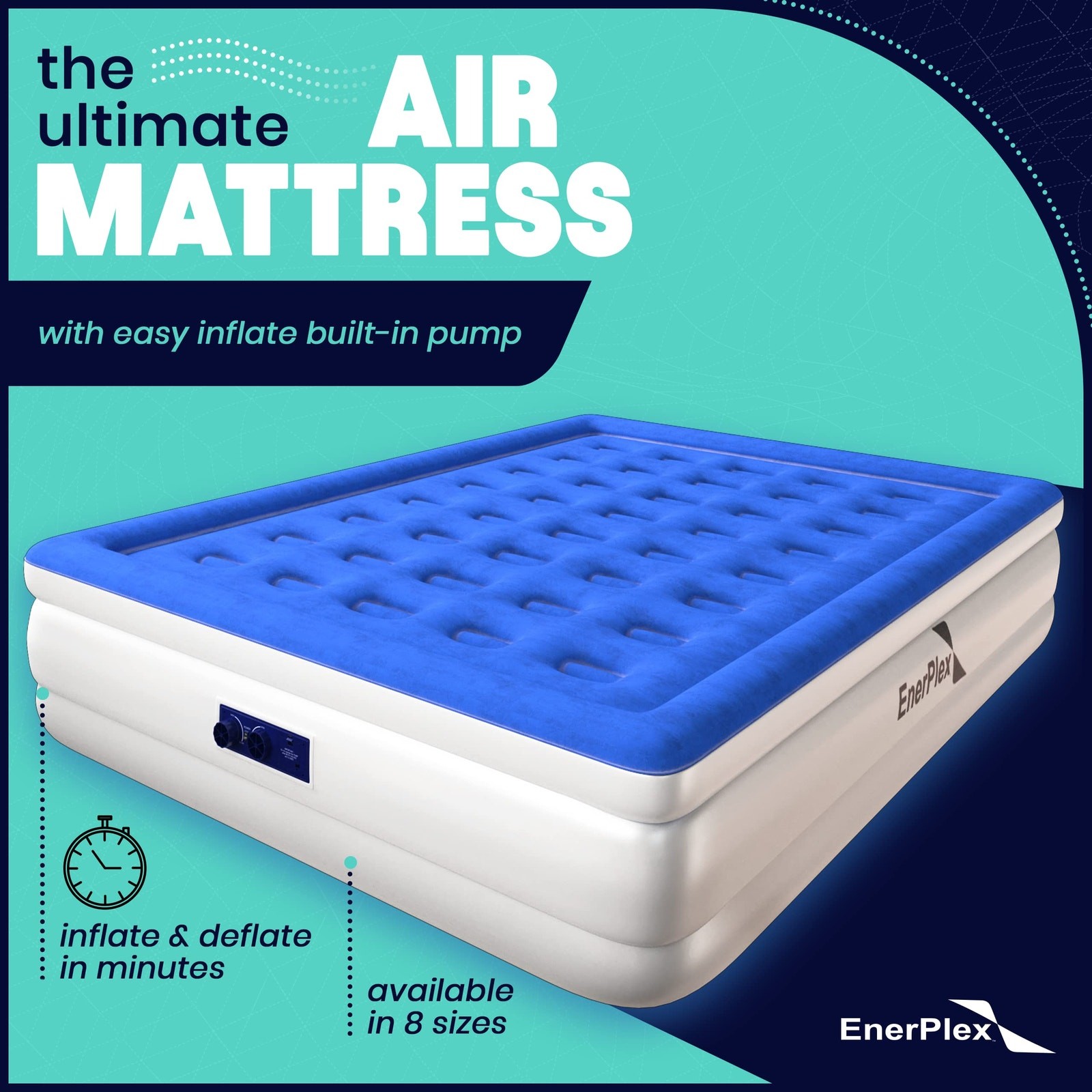 NWT EnerPlex Queen Air Mattress w/ Built-in Pump & Neck Support, 15″, Blue/White