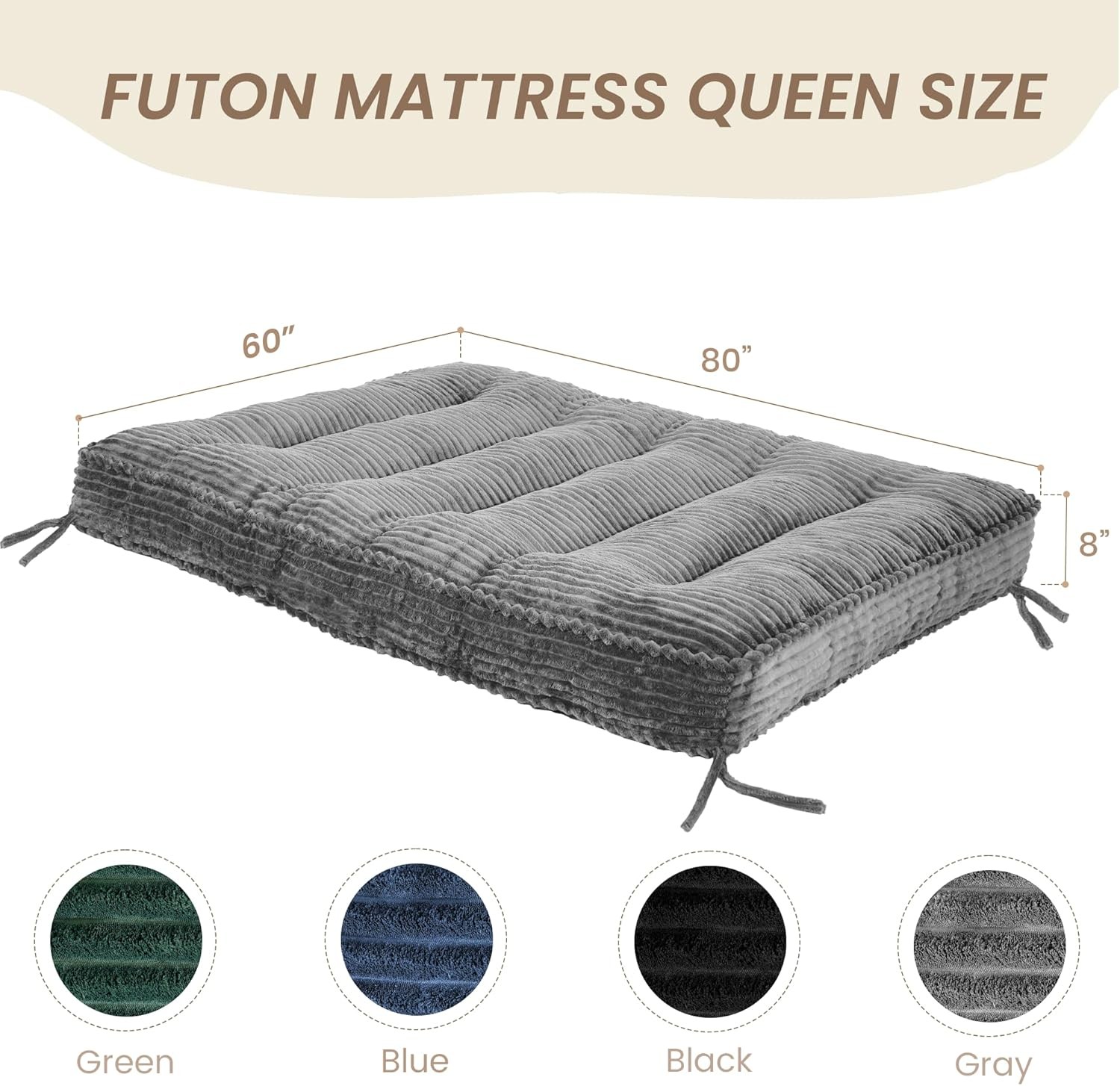 8″ Futon Mattr Queen Size, Futon Sofa Couch Bed with Straps, Thi