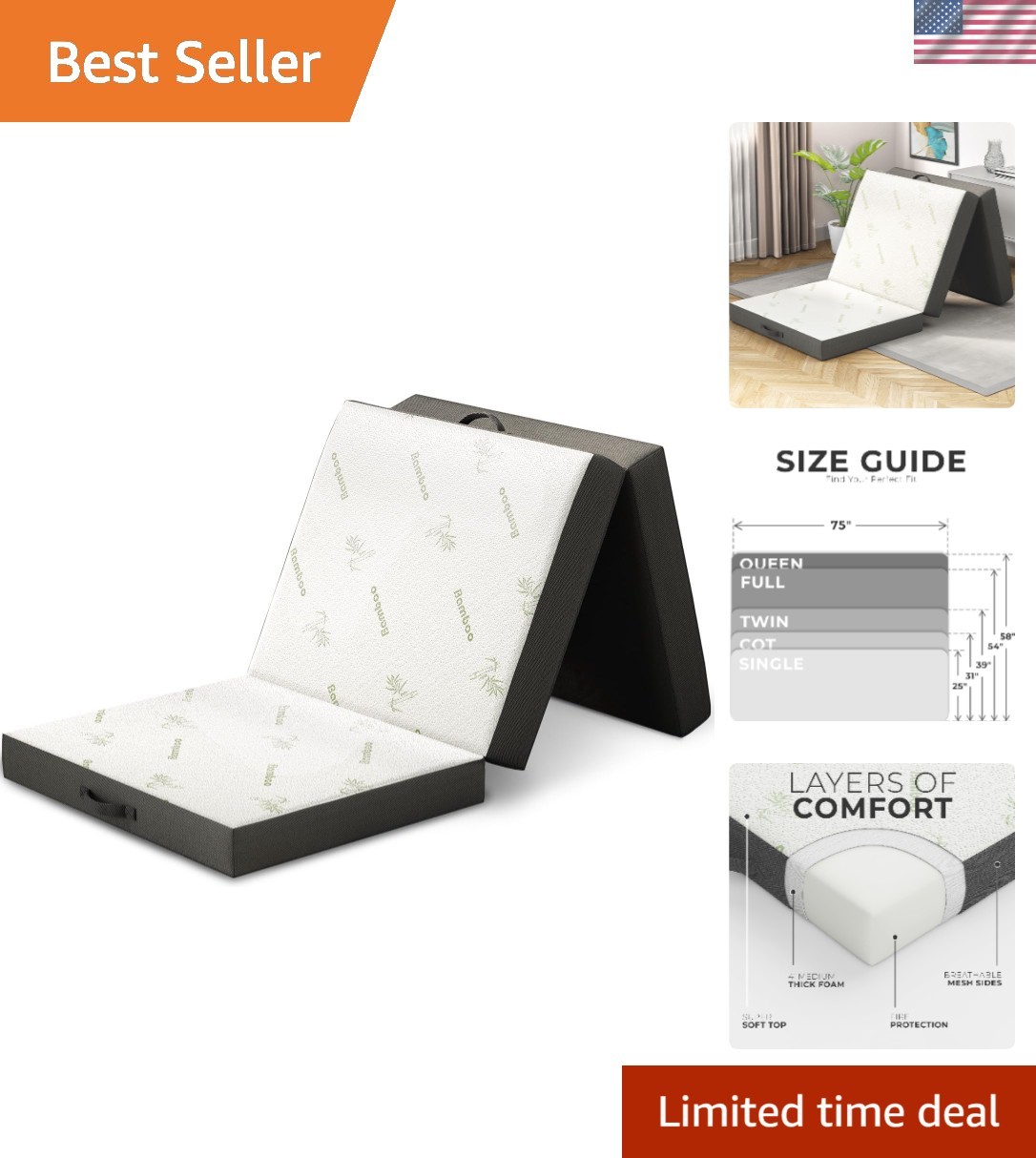 Luxurious Soft Trifold Mattress 75in x 31in x 4in – Perfect for Camping & Travel
