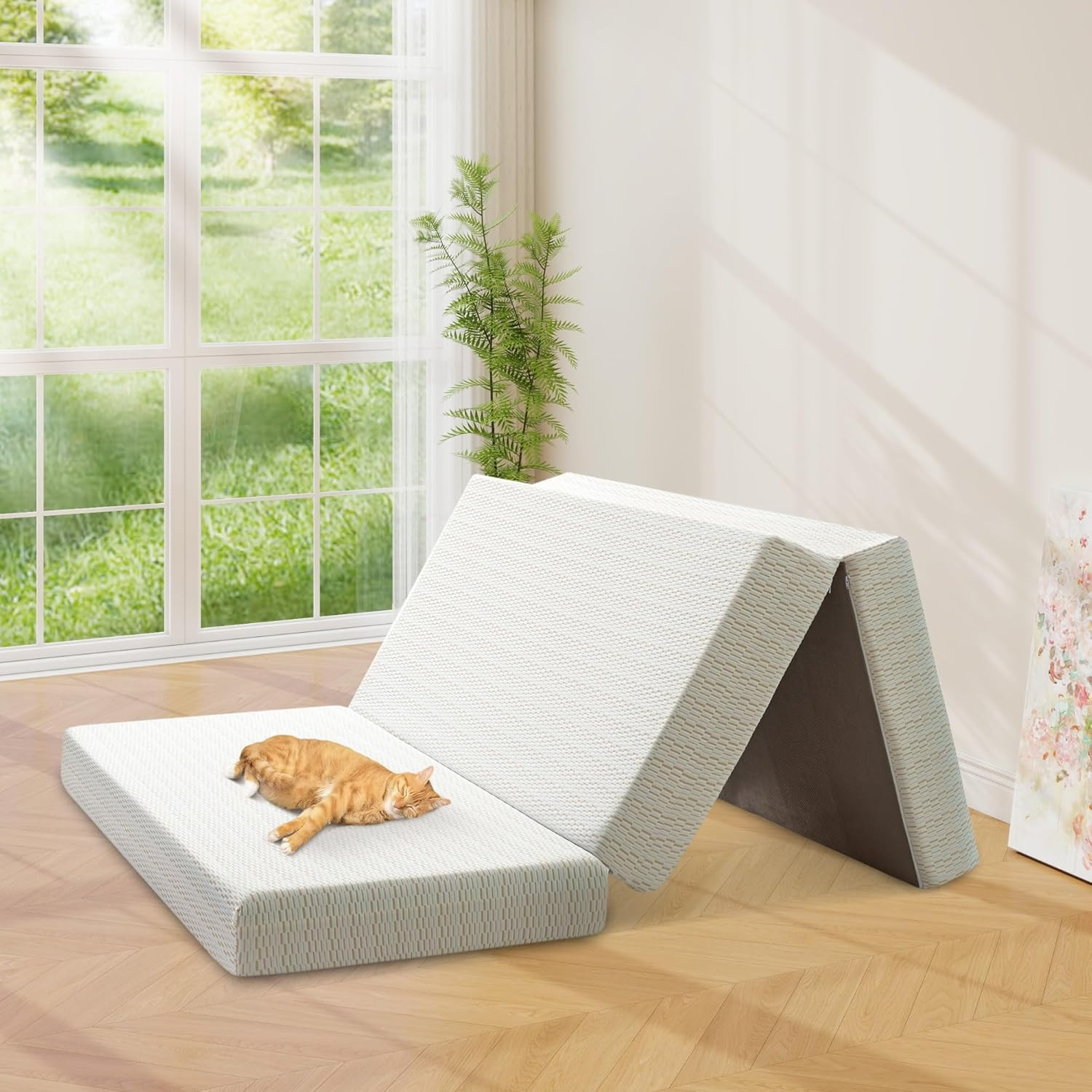 Portable 6″ Tri-Folding Queen Memory Foam Mattress with Washable Cover & Storage
