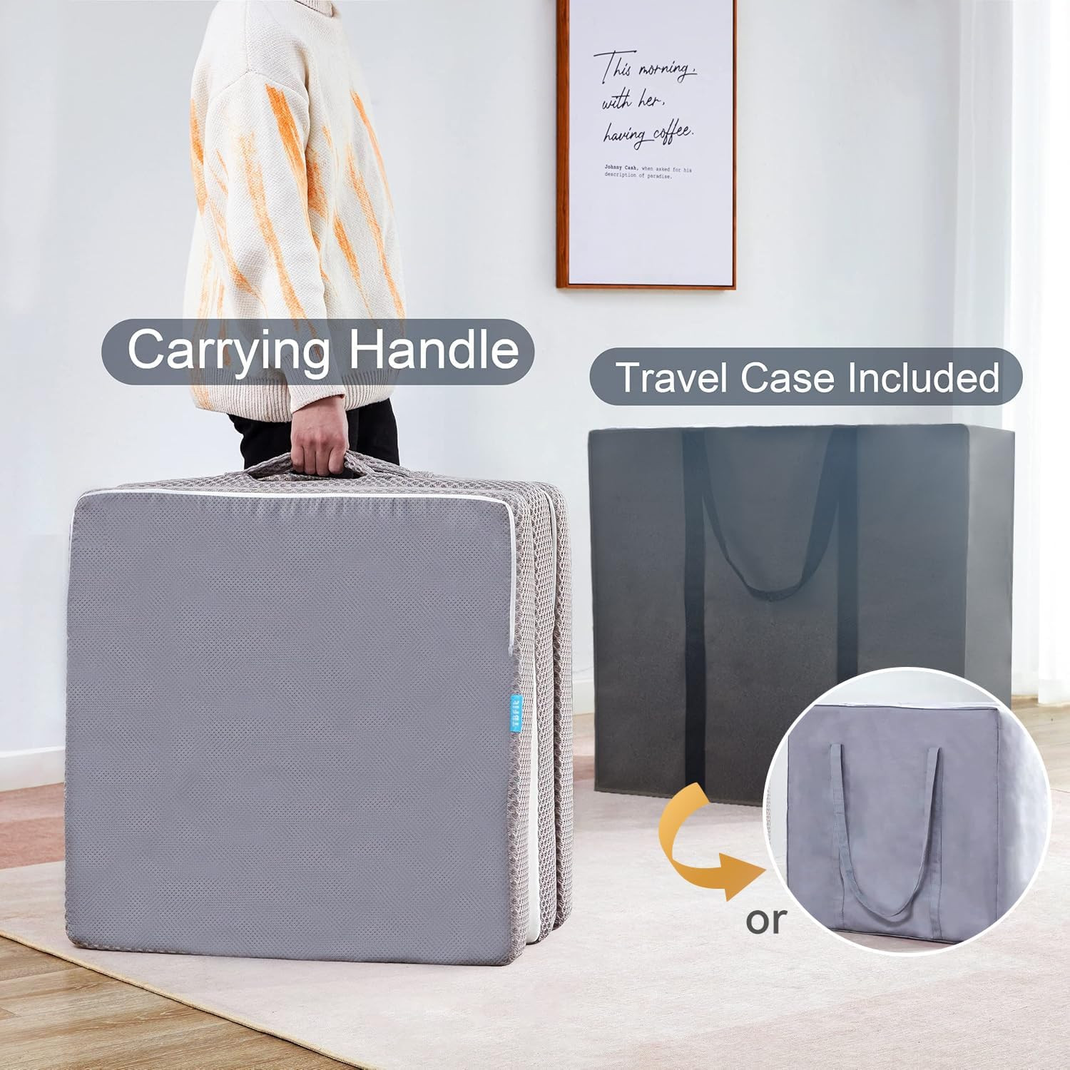 Foldable Mat 3.8 Inch Folding Mat Tri-Fold Gel Memory Foam Breathable with Stora