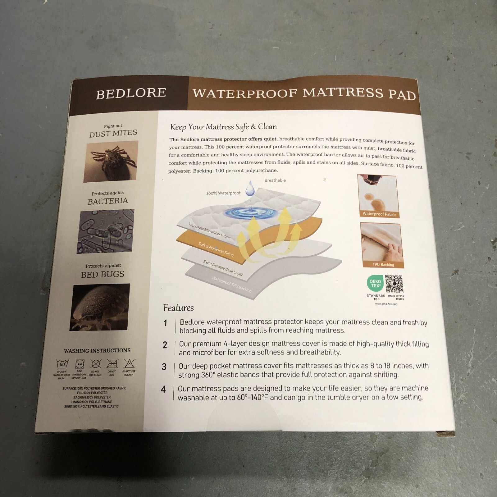 BEDLORE Waterproof Mattress Protector, Size Full, Gray Depth 8 -18″ NEW Sealed