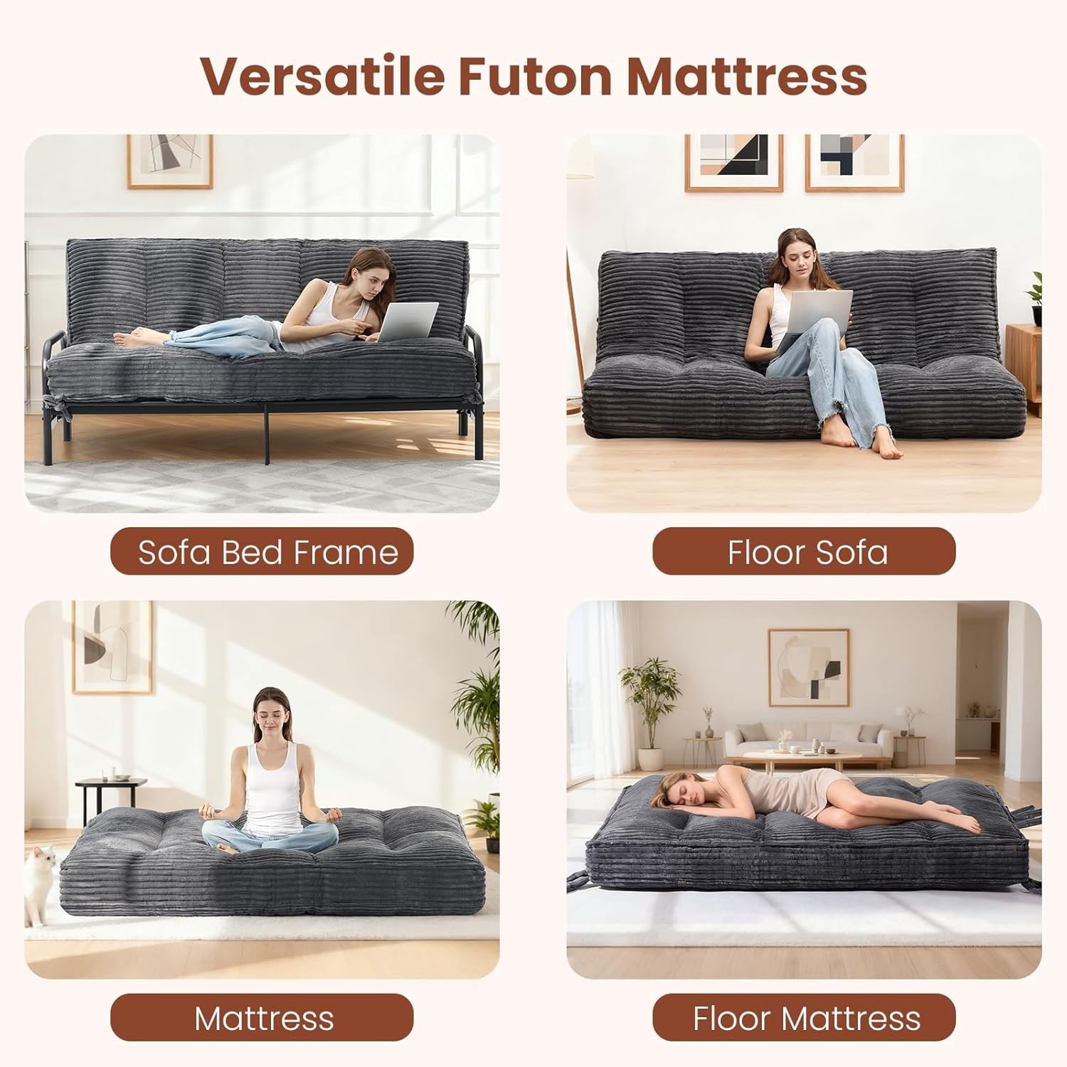 10″ Futon Mattress Queen Size Futons Sofa Couch Bed with Straps Thick Corduroy