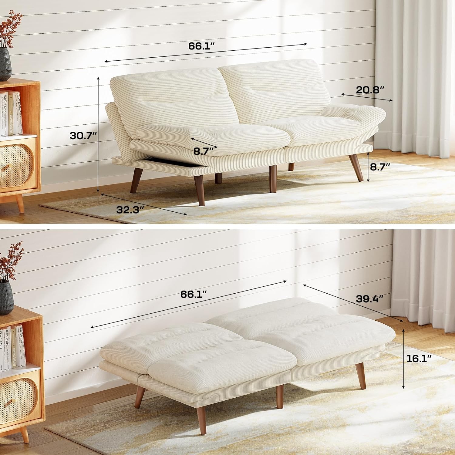 Futon Sofa Bed, Corduroy Futon Couch with Adjustable Barest &